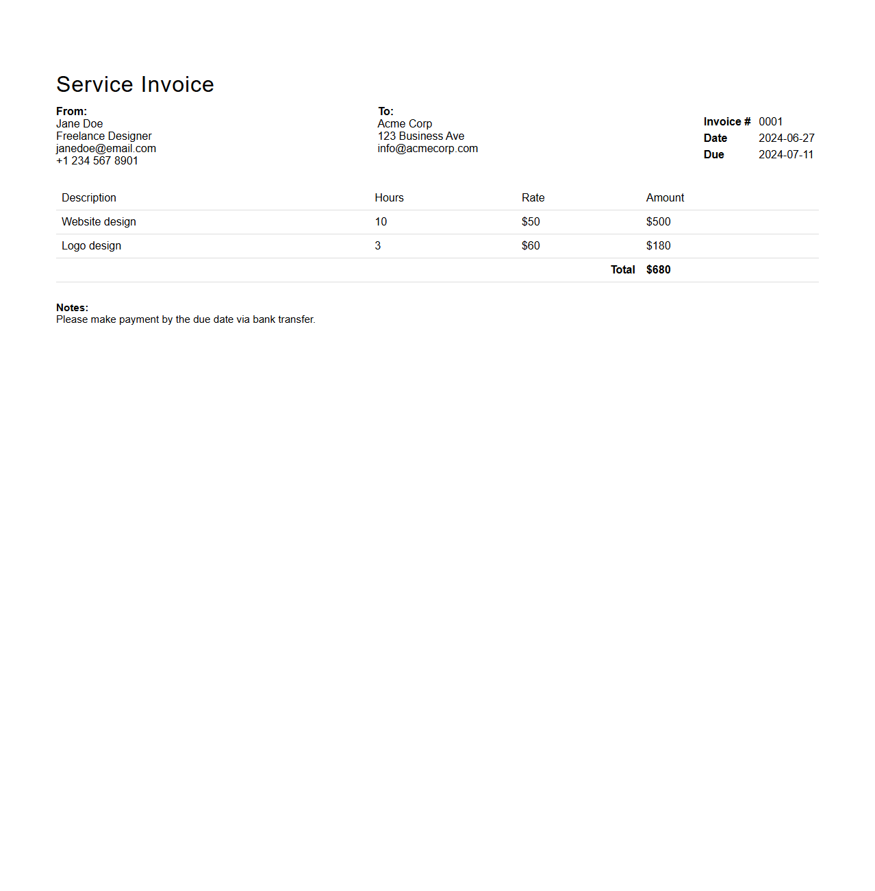 Basic Service Invoice Example for Freelancers