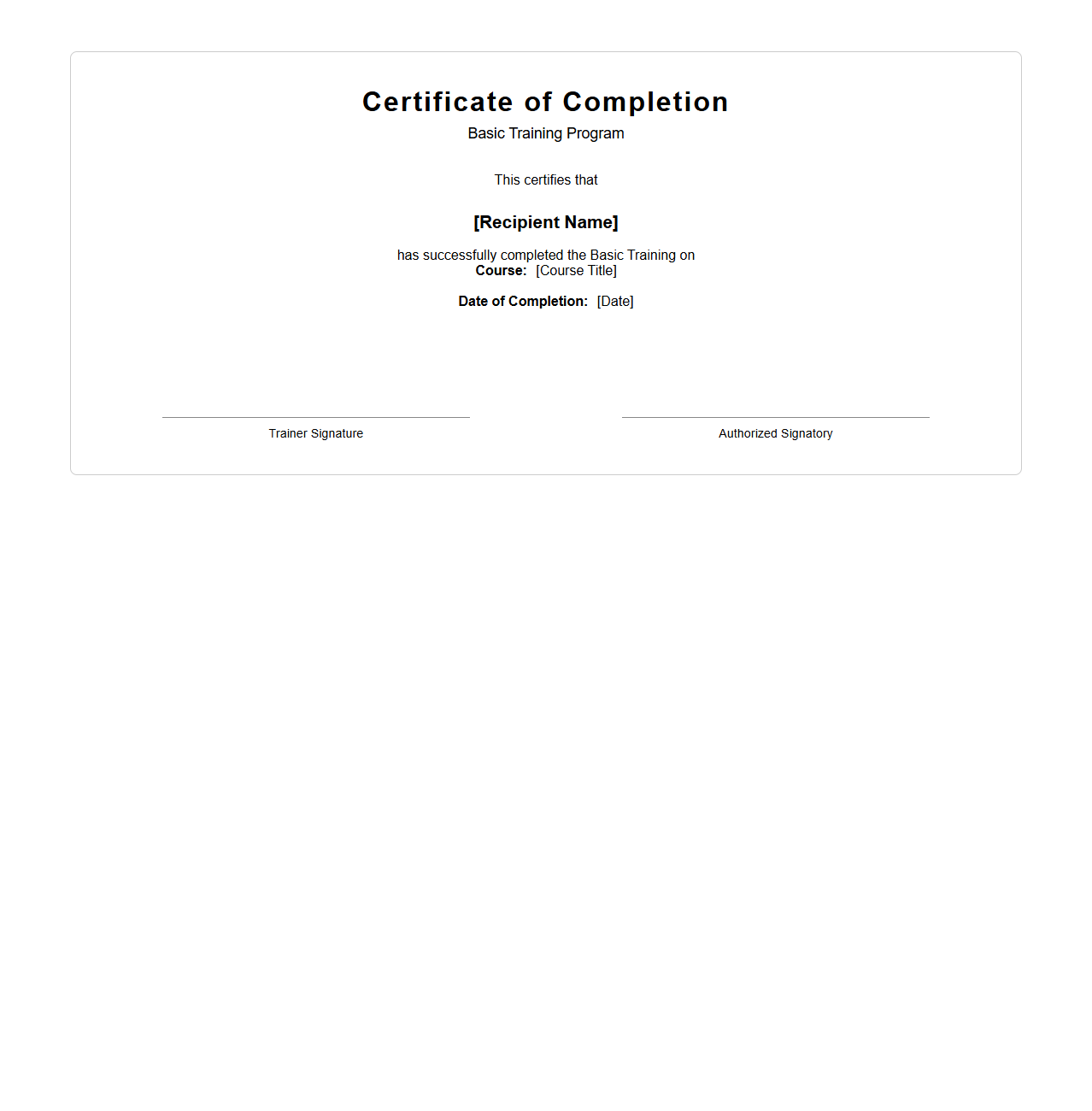Basic Training Completion Certificate Outline