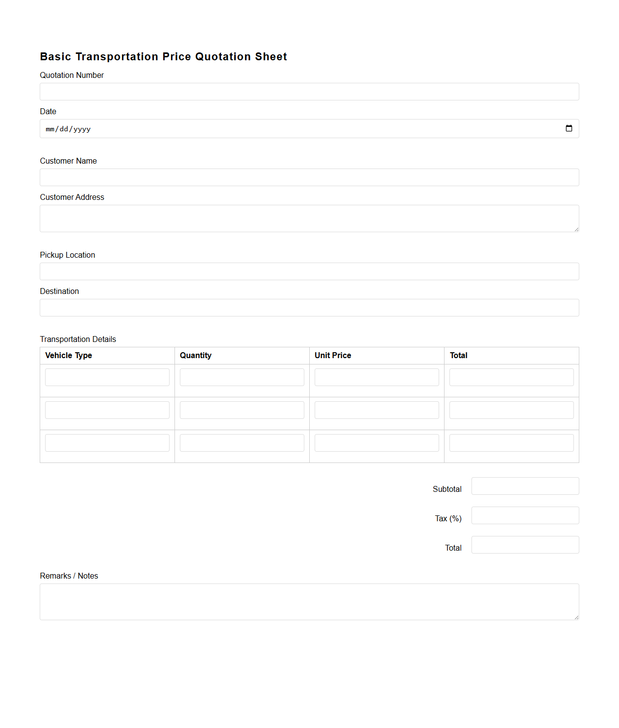 Basic Transportation Price Quotation Sheet