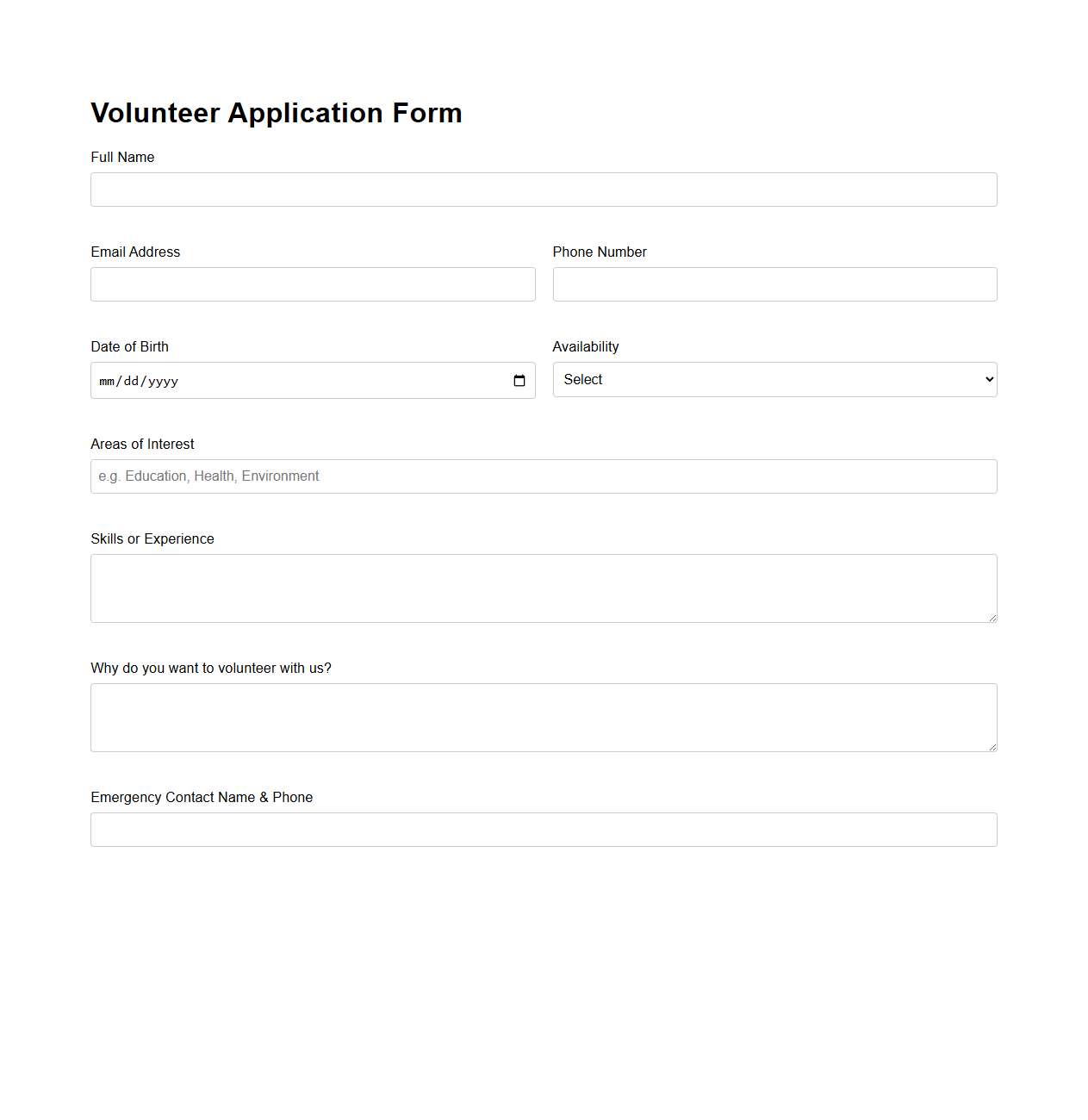 Basic Volunteer Application Form for Non-Profit Organizations