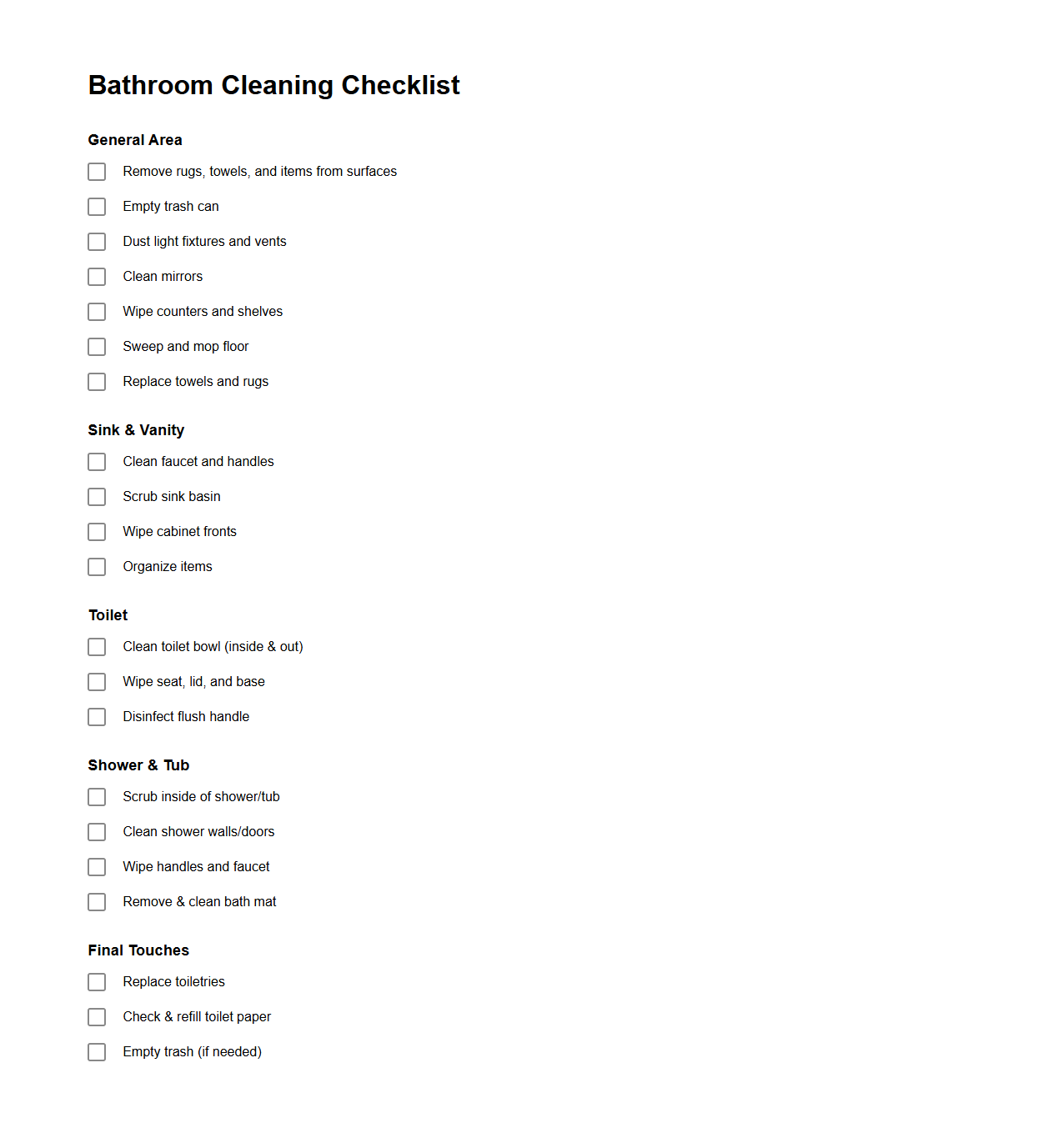 Bathroom Cleaning Checklist Template