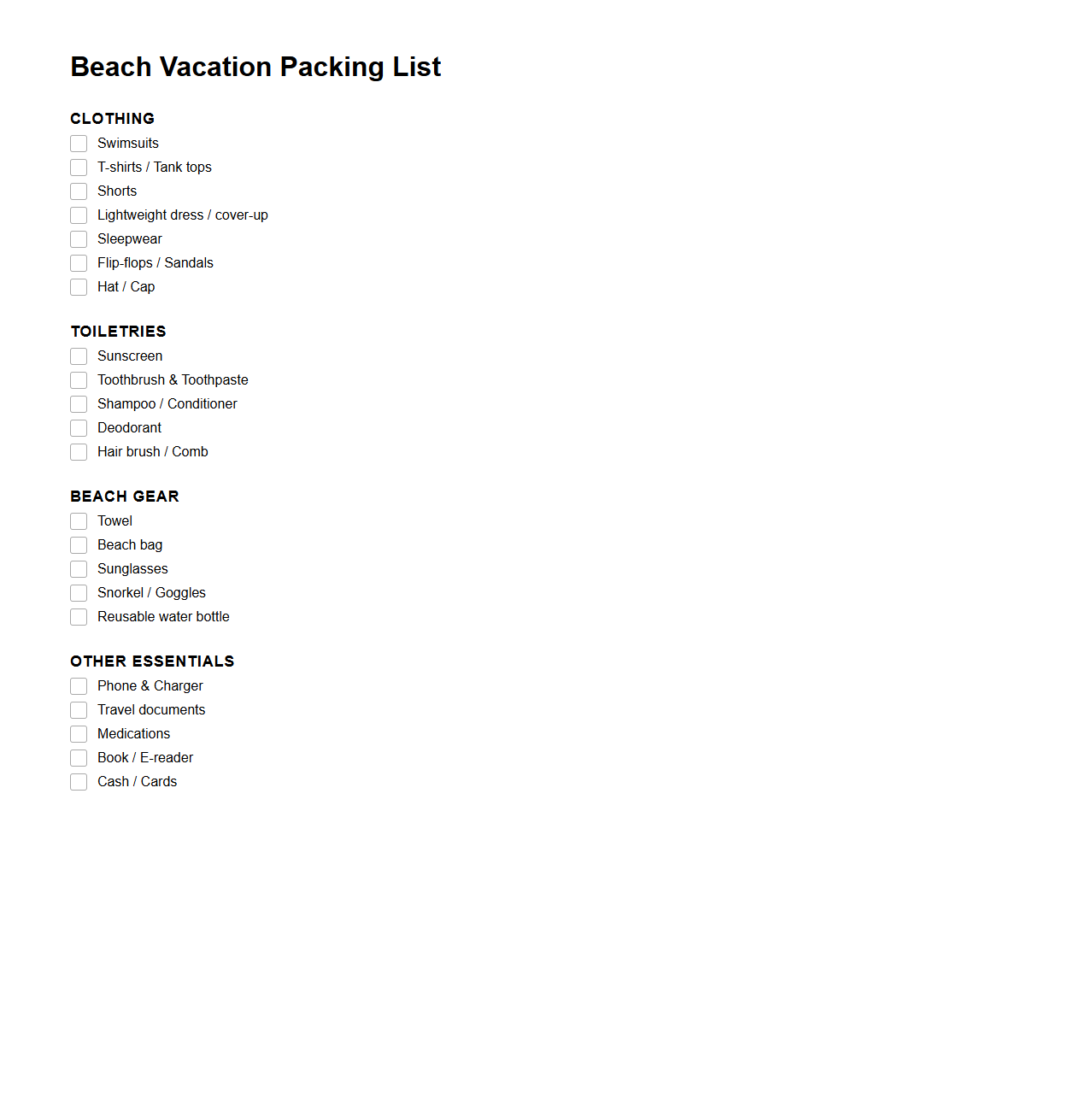 Beach Vacation Packing List Template