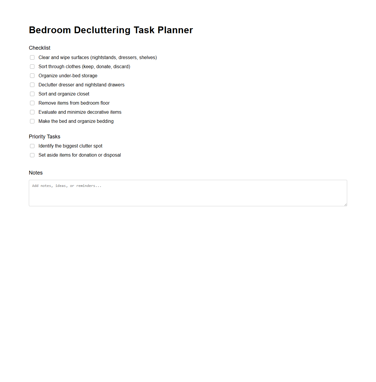 Bedroom Decluttering Task Planner