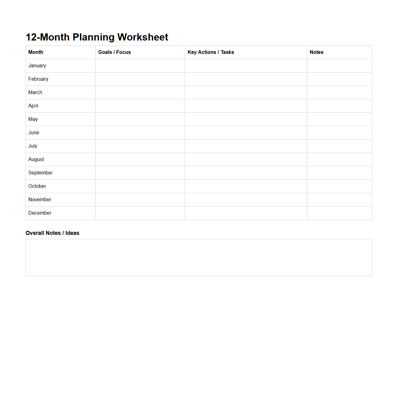 Blank 12-Month Planning Worksheet