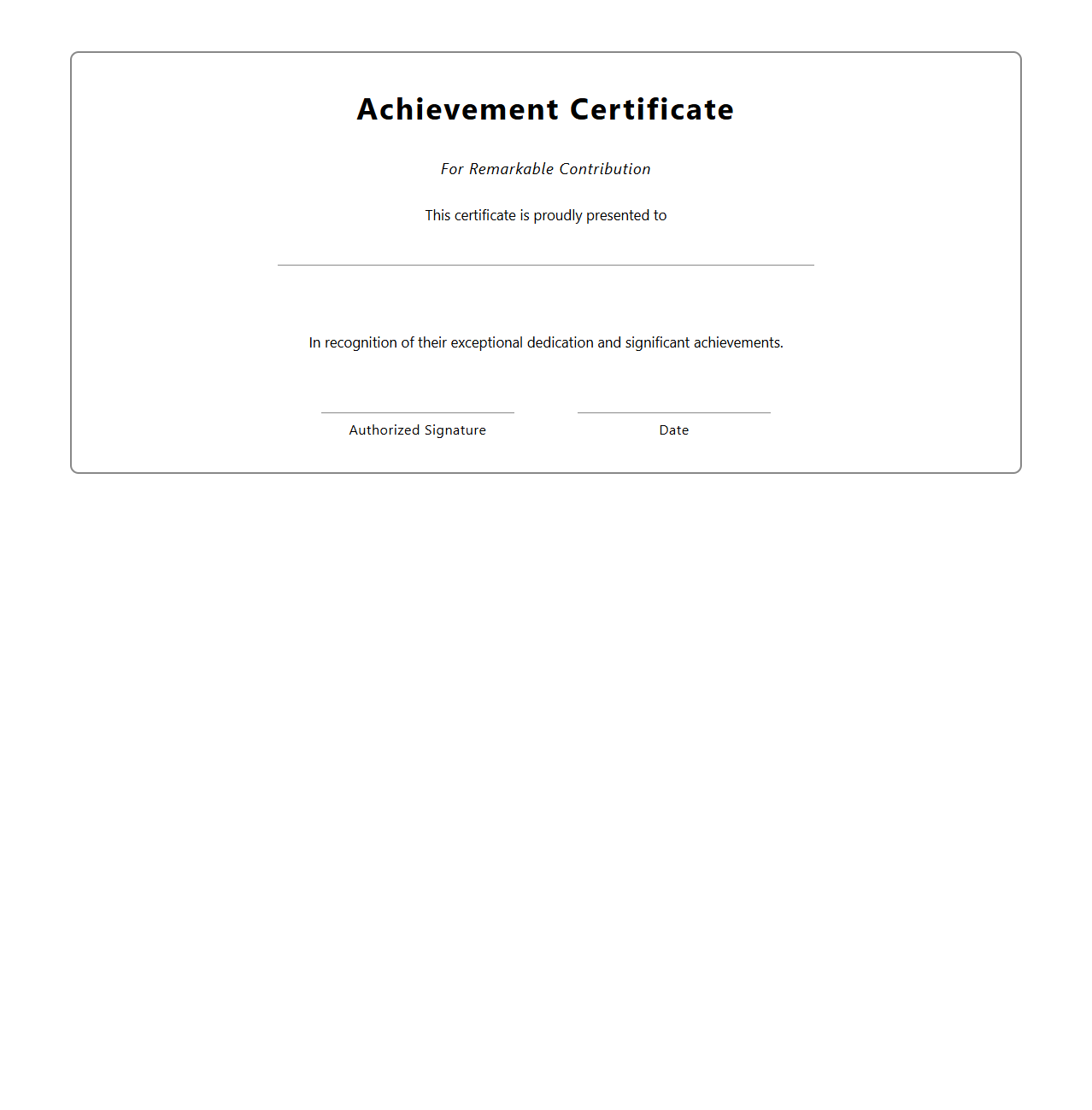 Blank Achievement Certificate for Remarkable Contribution