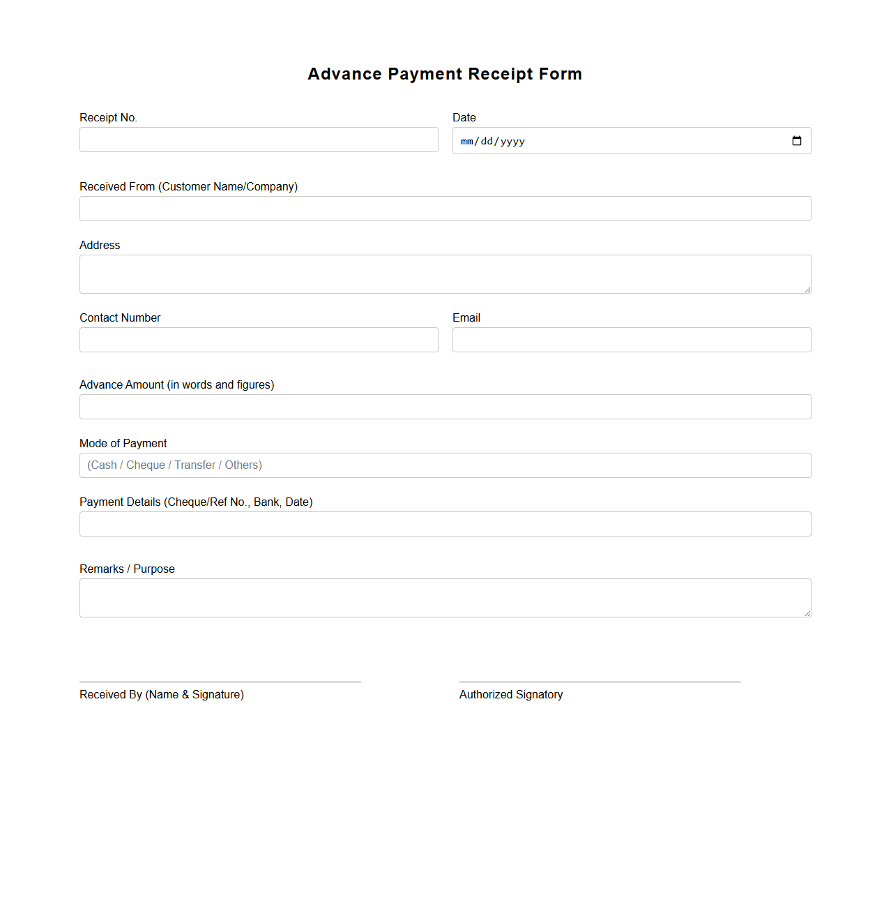 Blank Advance Payment Receipt Form for Business Transactions