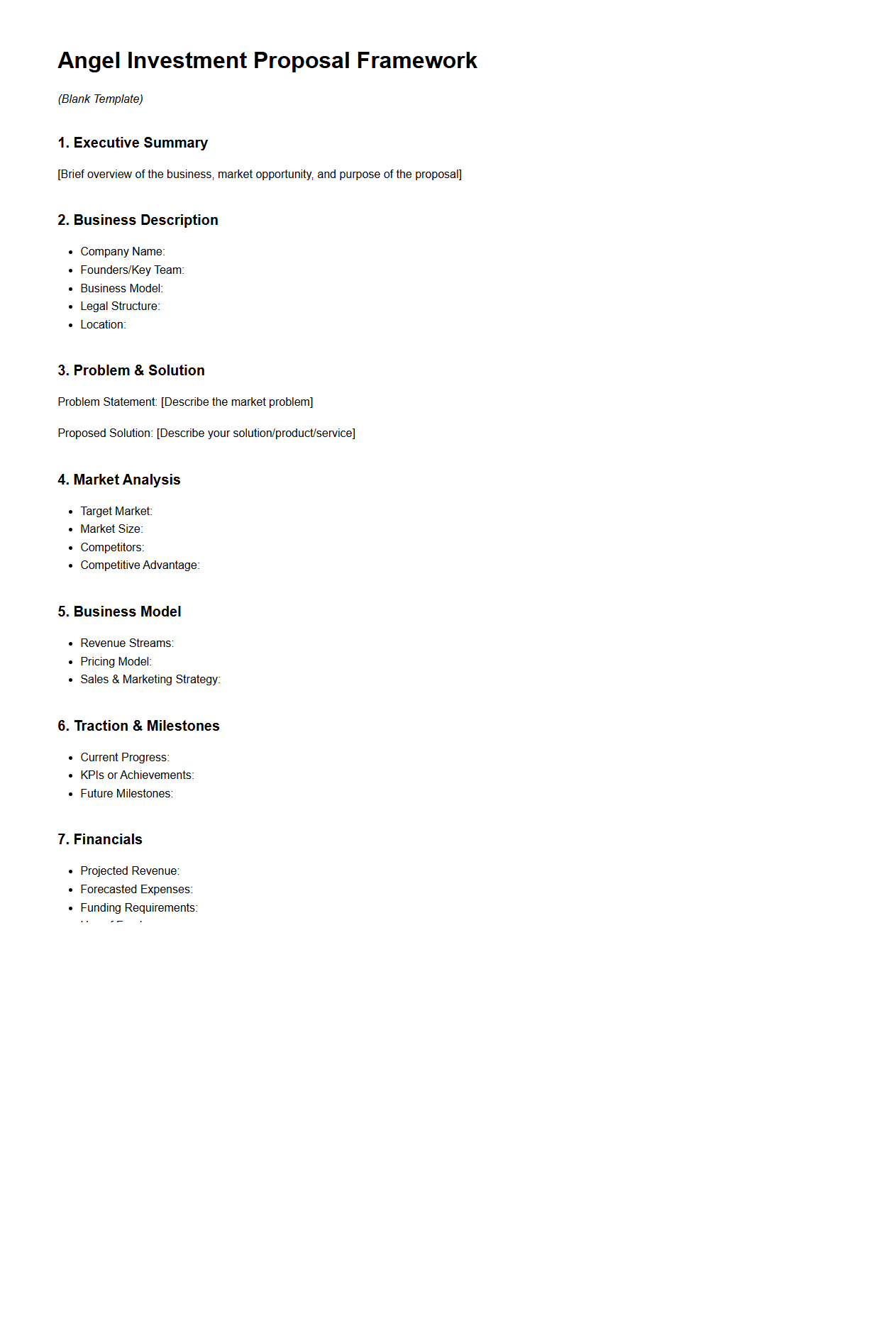Blank Angel Investment Proposal Framework for New Businesses
