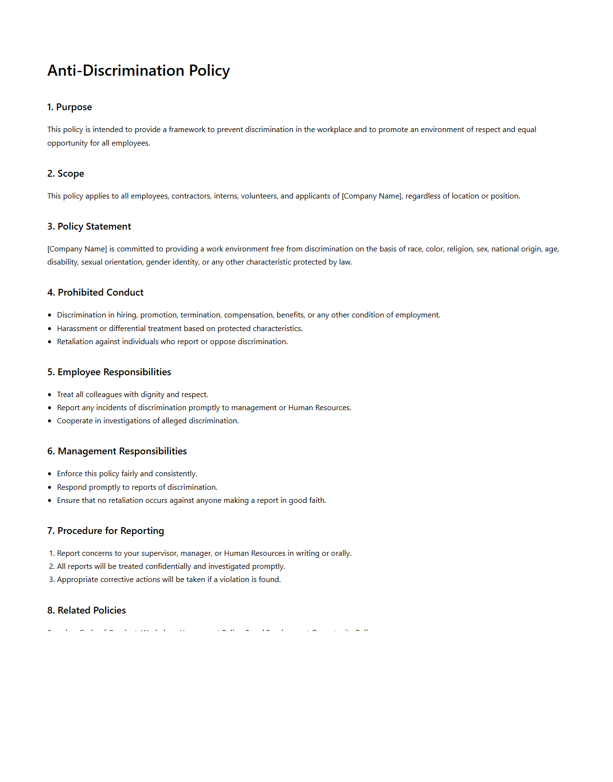 Blank Anti-Discrimination Policy Template for Offices