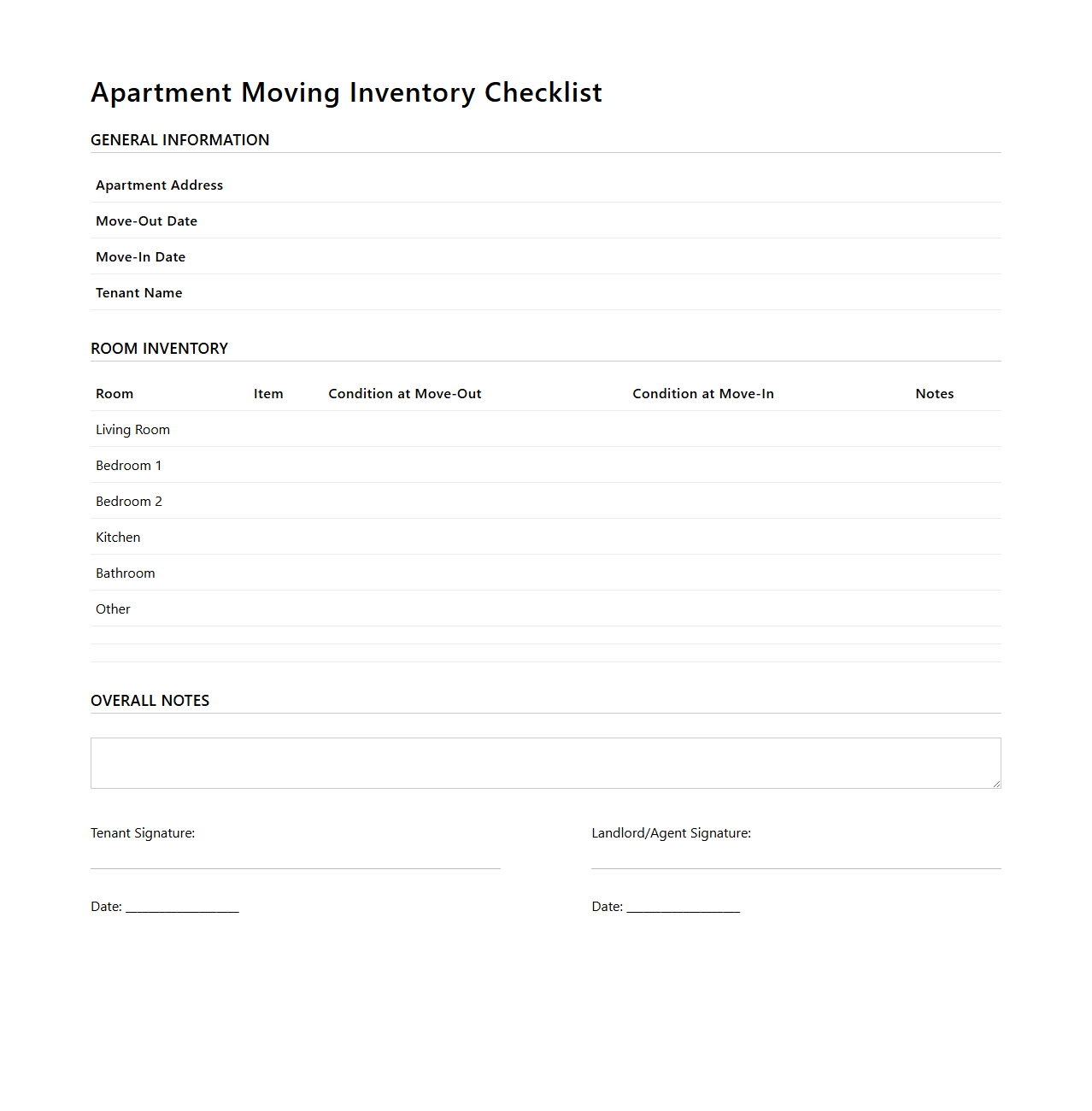 Blank Apartment Moving Inventory Checklist
