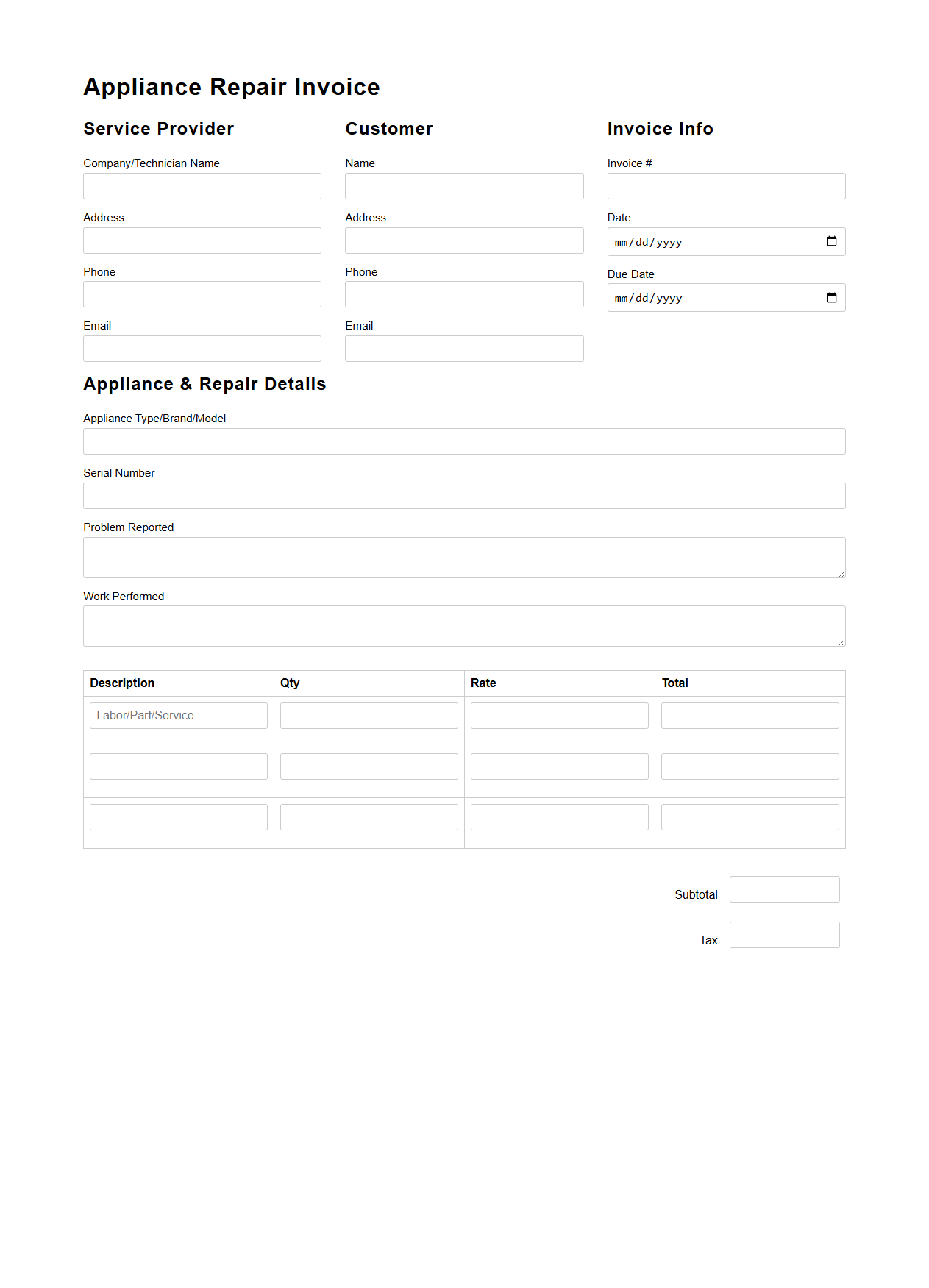 Blank Appliance Repair Invoice Template for Technicians