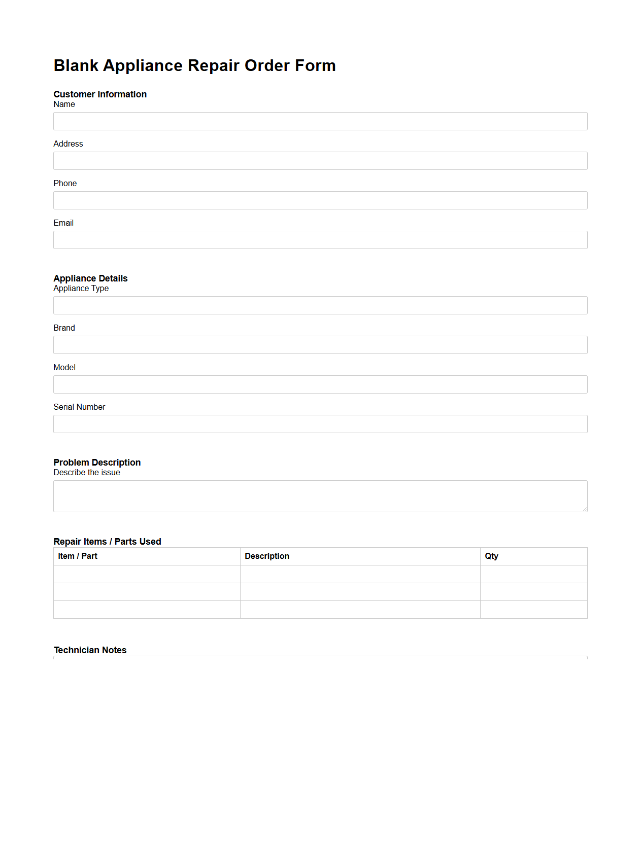 Blank Appliance Repair Order Form