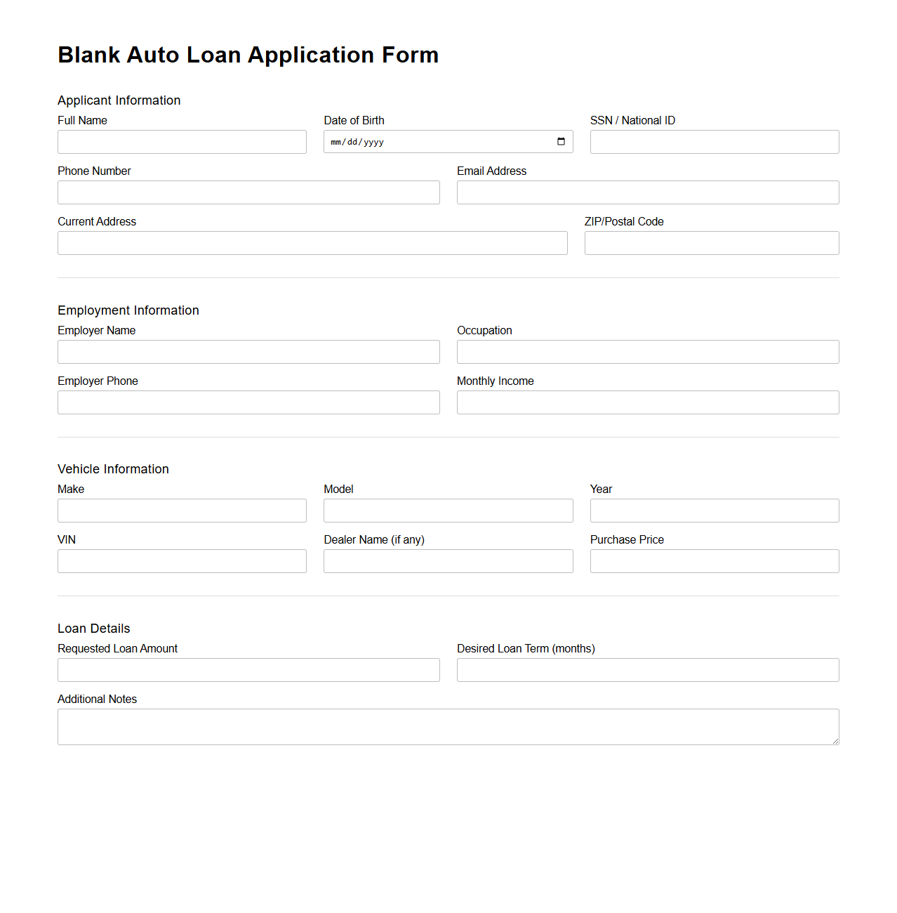 Blank Auto Loan Application Form for Financial Services
