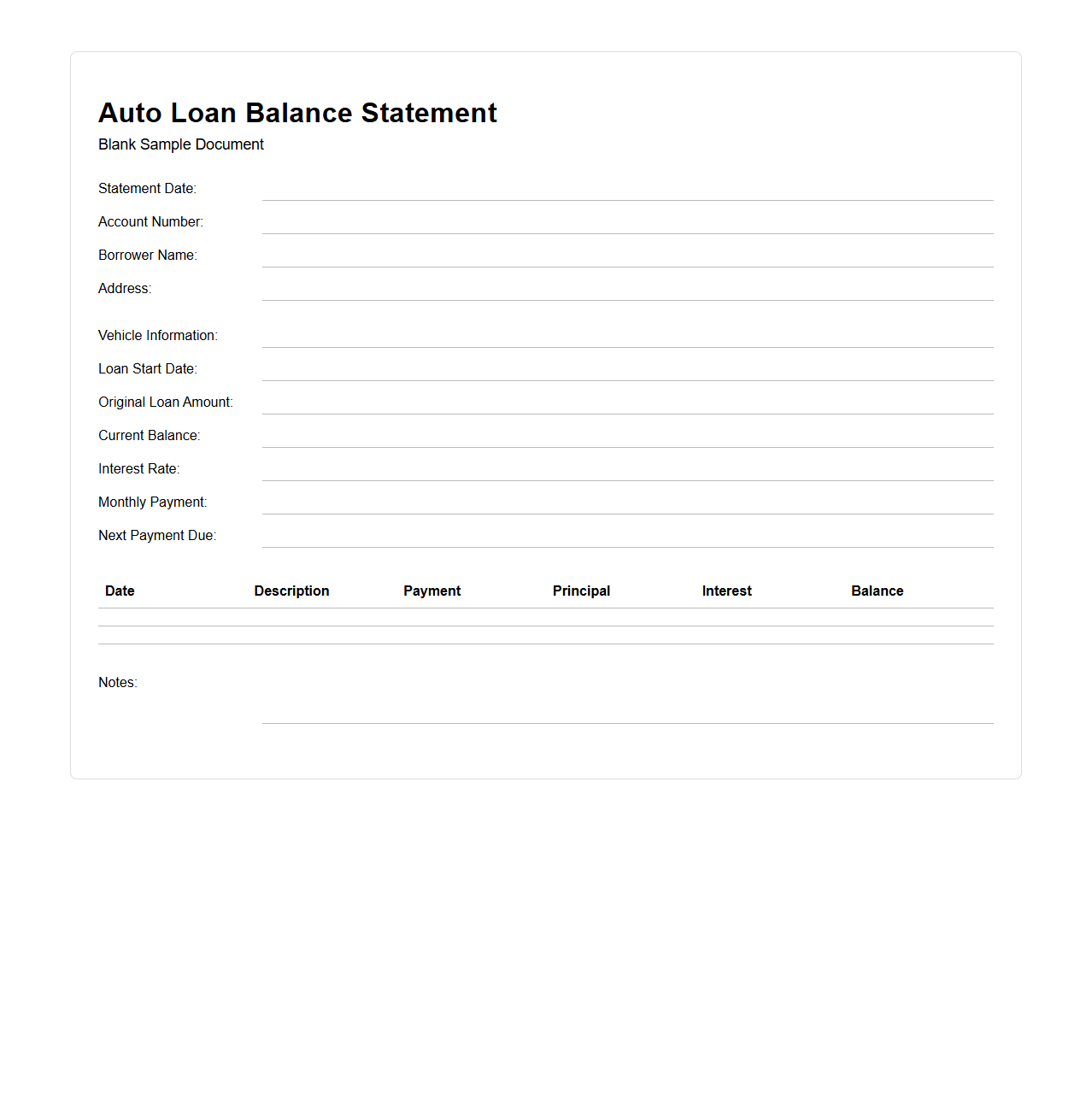 Blank Auto Loan Balance Statement