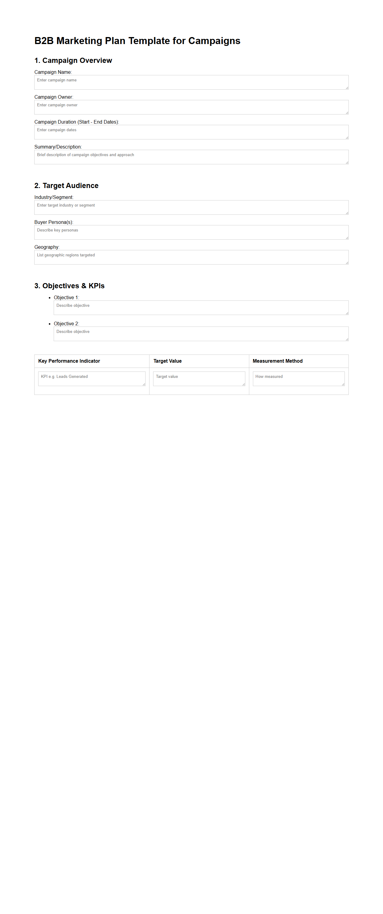 Blank B2B Marketing Plan Template for Campaigns