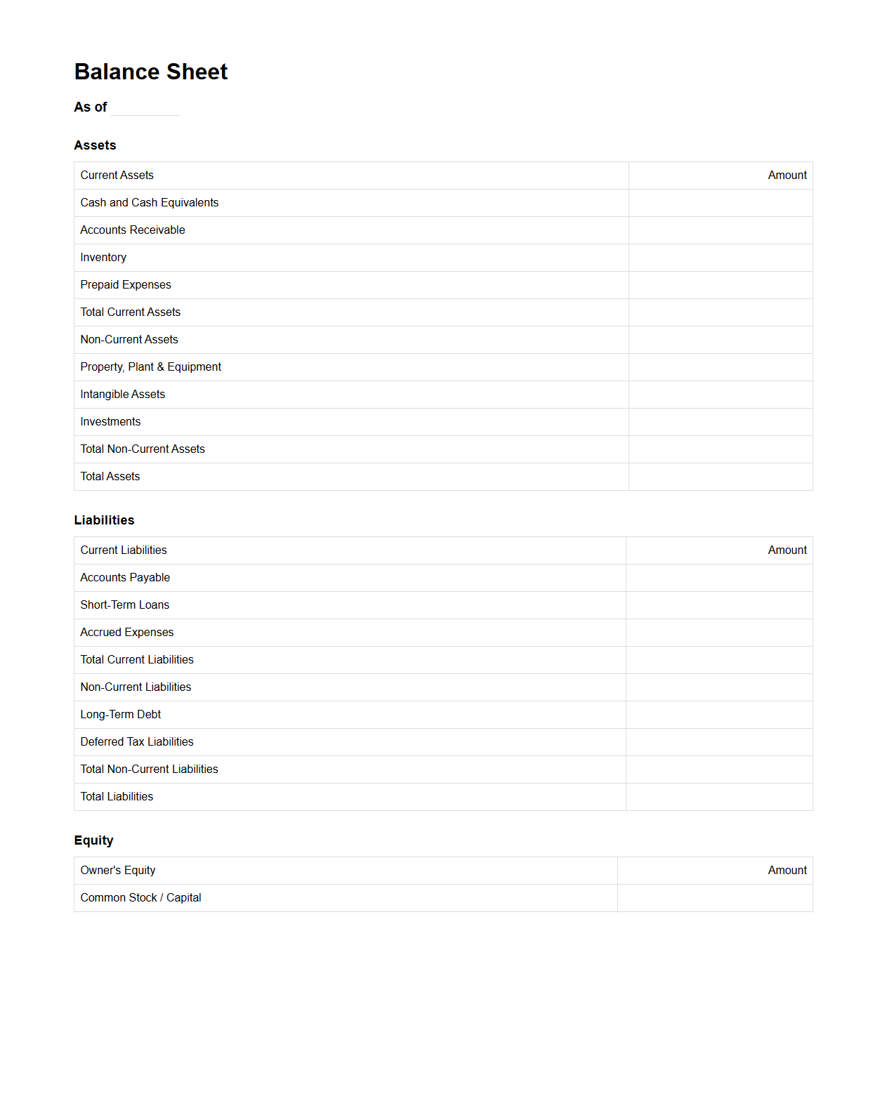 Blank Balance Sheet Format for Business Financial Review