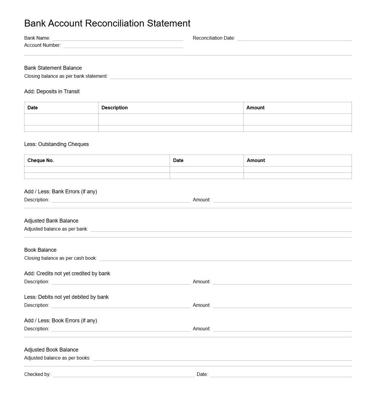 Blank Bank Account Reconciliation Statement Template