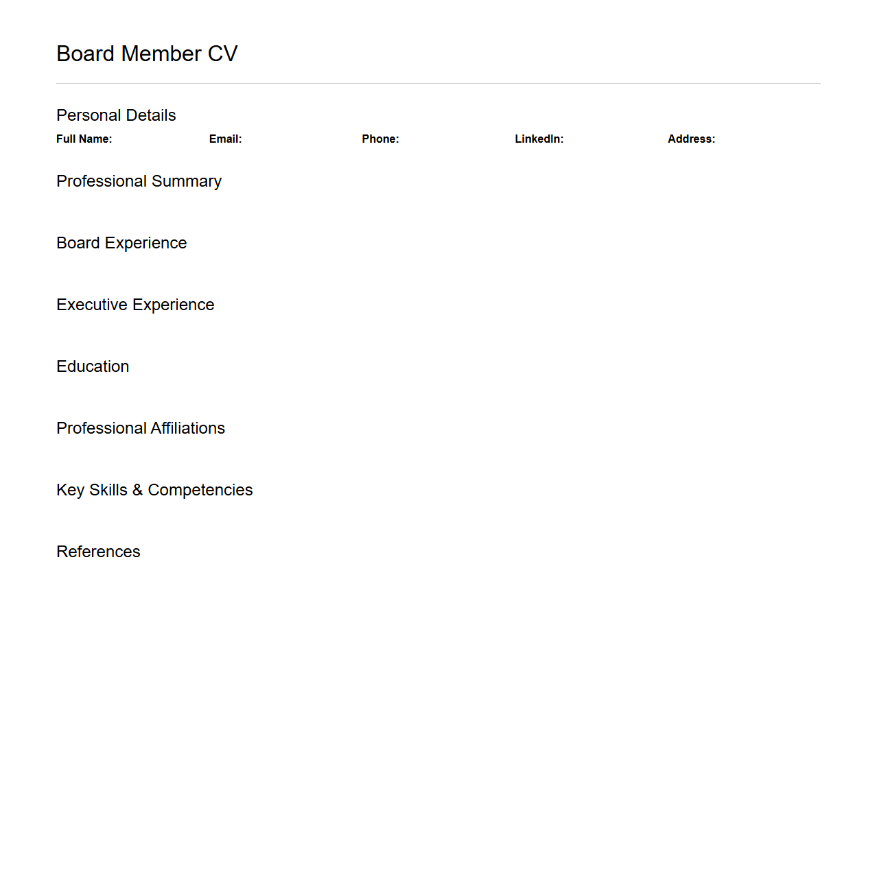 Blank Board Member CV Outline