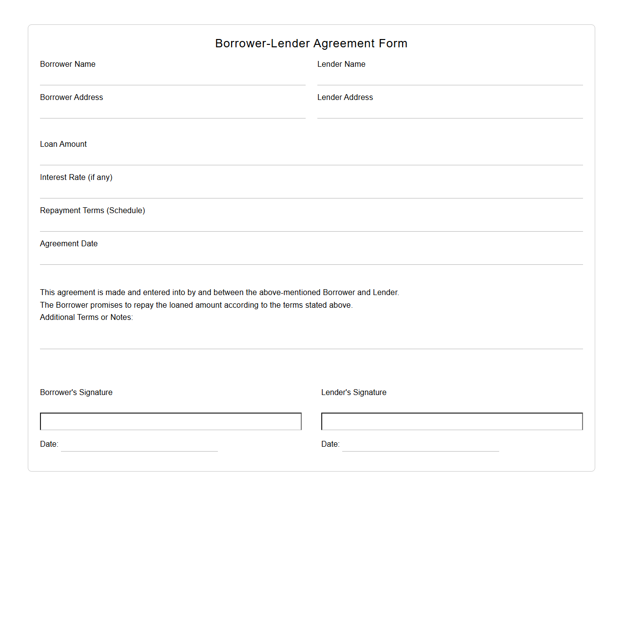 Blank Borrower-Lender Agreement Form