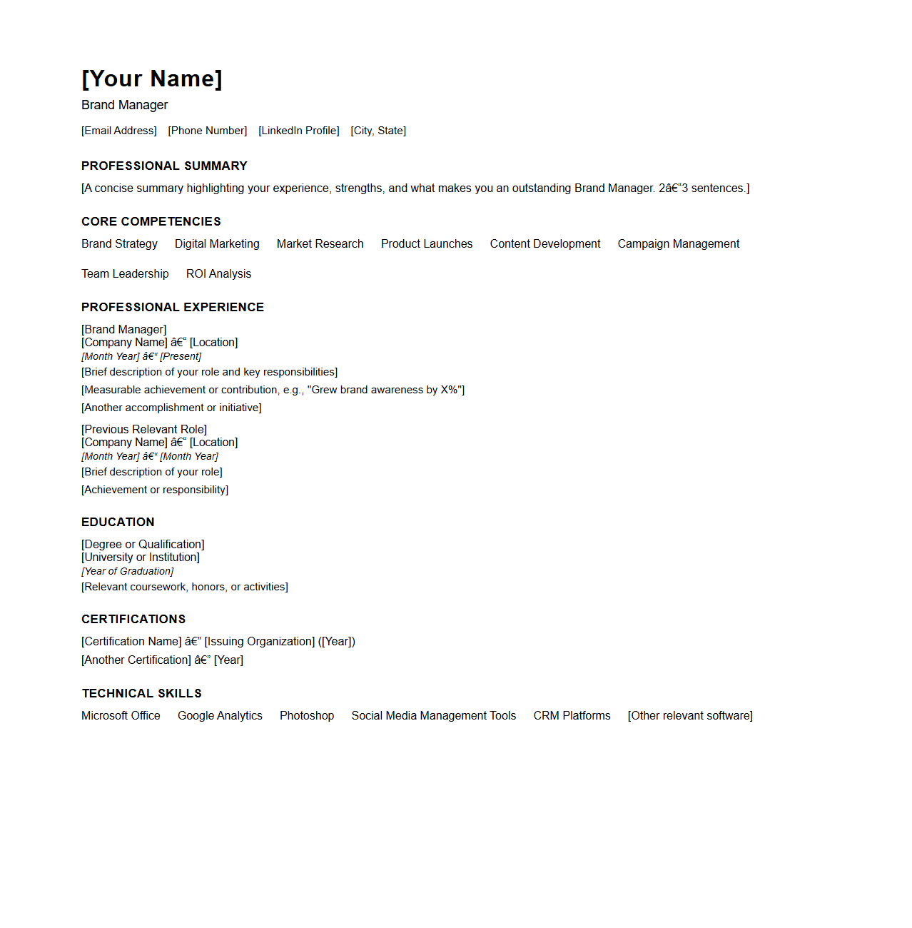 Blank Brand Marketing Resume Template for Brand Managers