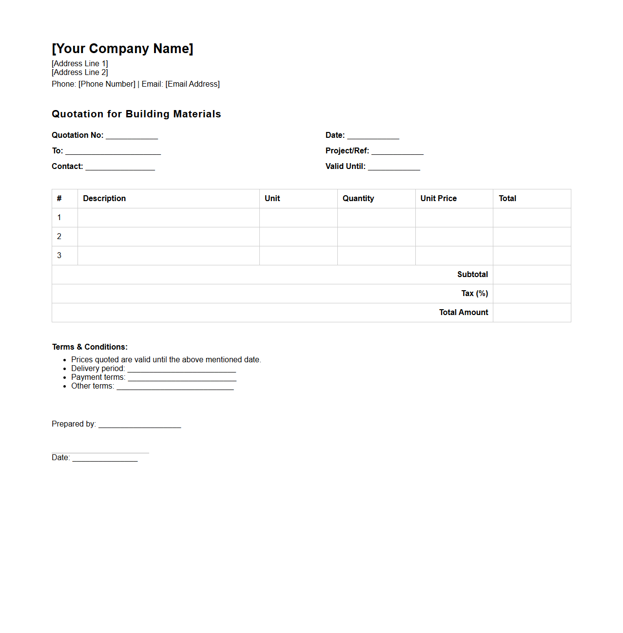 Blank Building Materials Quotation Template