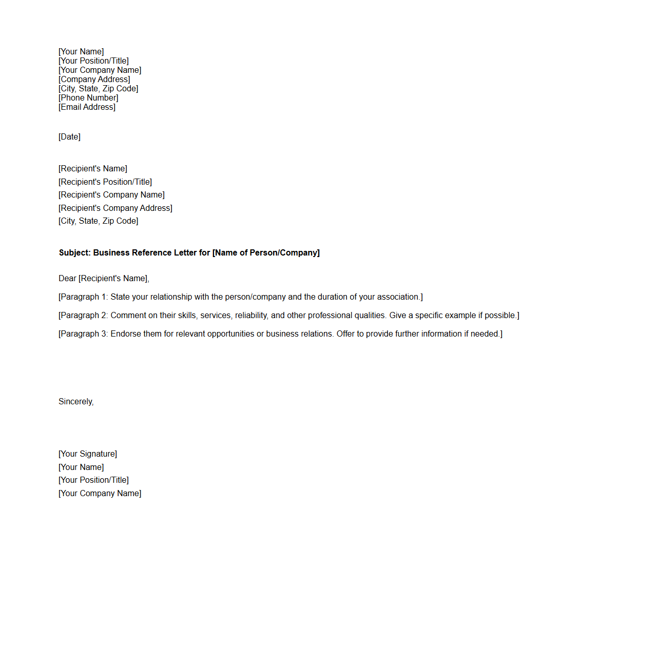 Blank Business Reference Letter Format