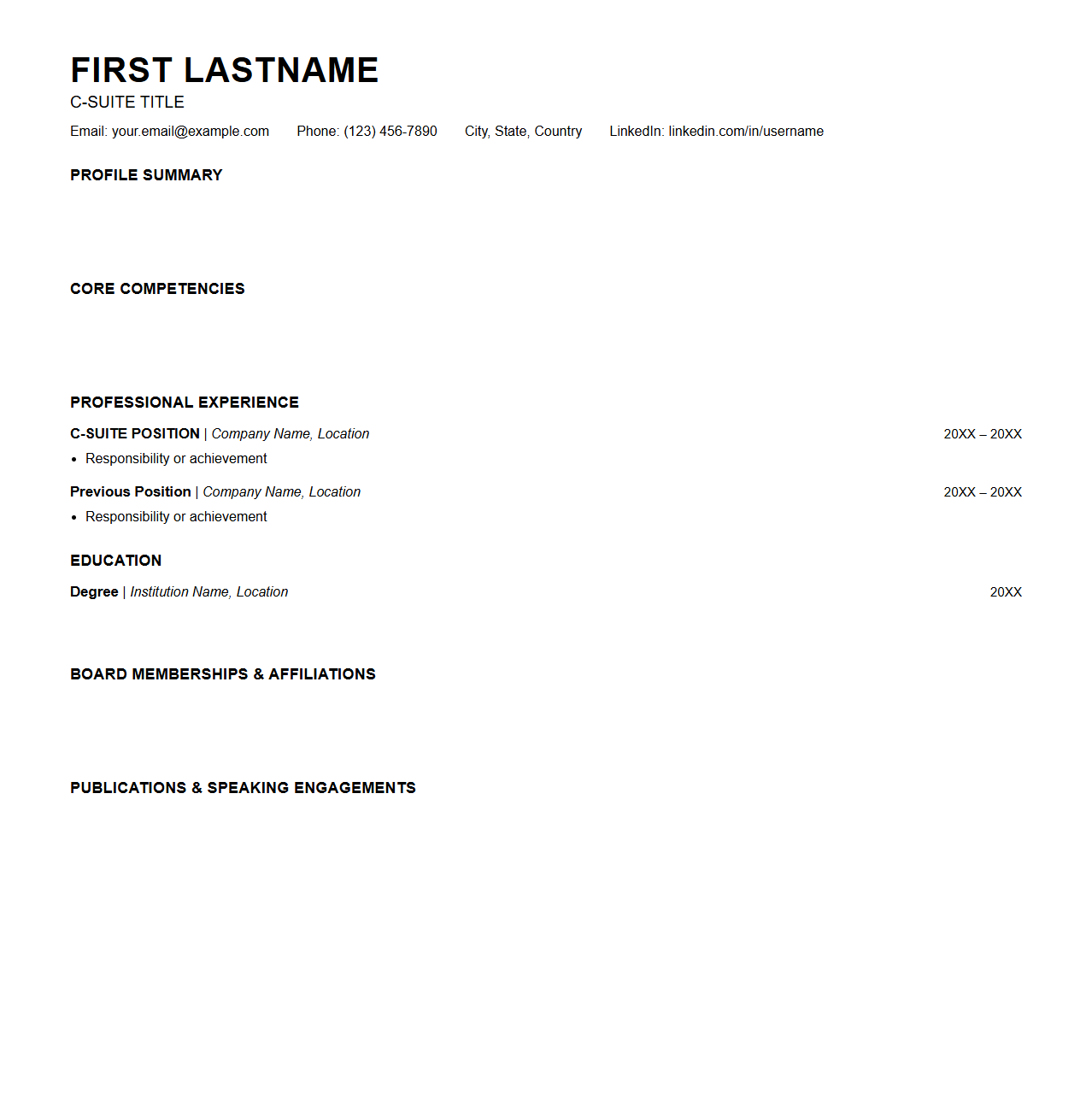 Blank C-Suite Resume Layout