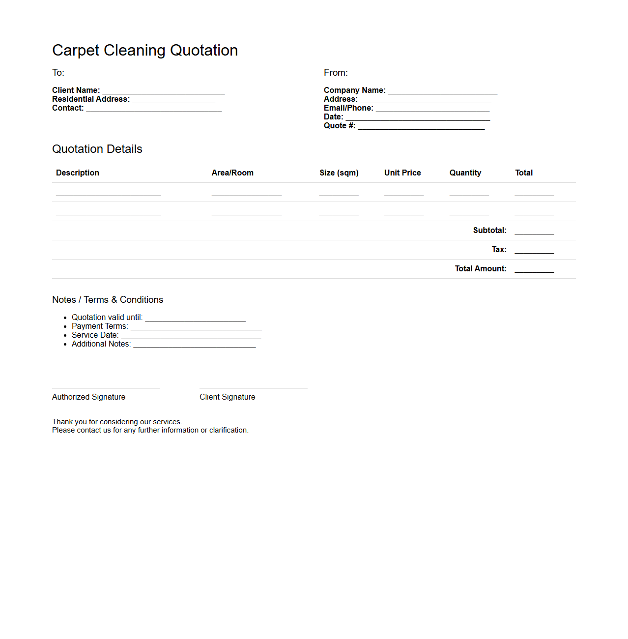 Blank Carpet Cleaning Quotation Template for Residential Facilities