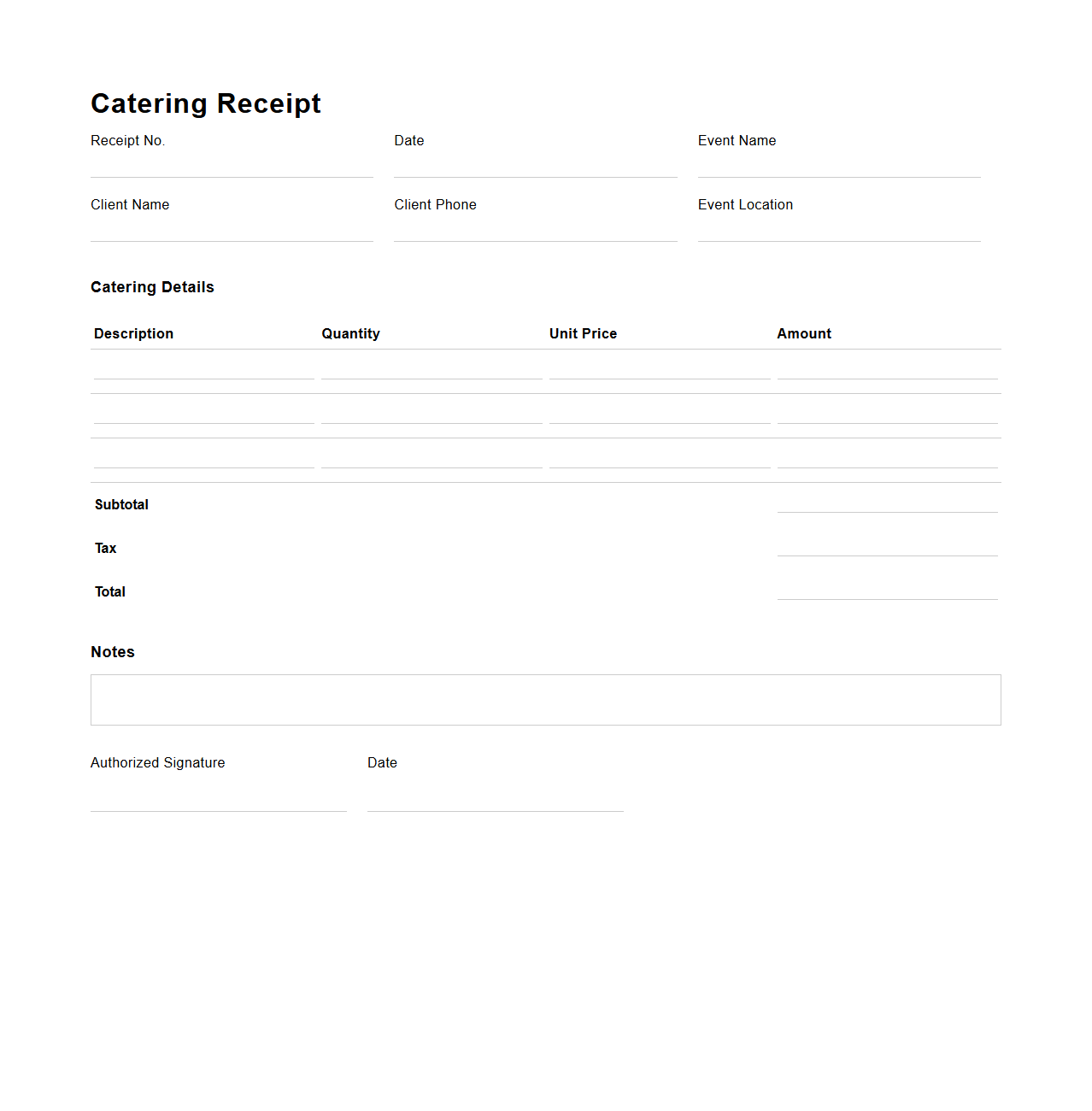 Blank Catering Receipt Template for Events