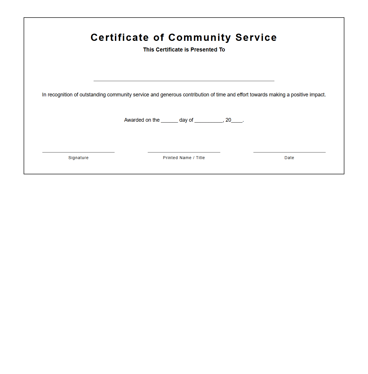 Blank Certificate Template for Community Service