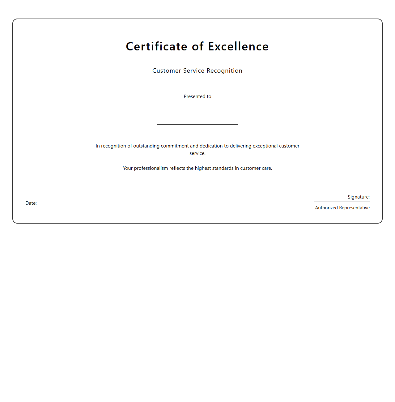 Blank Certificate Template for Customer Service Excellence