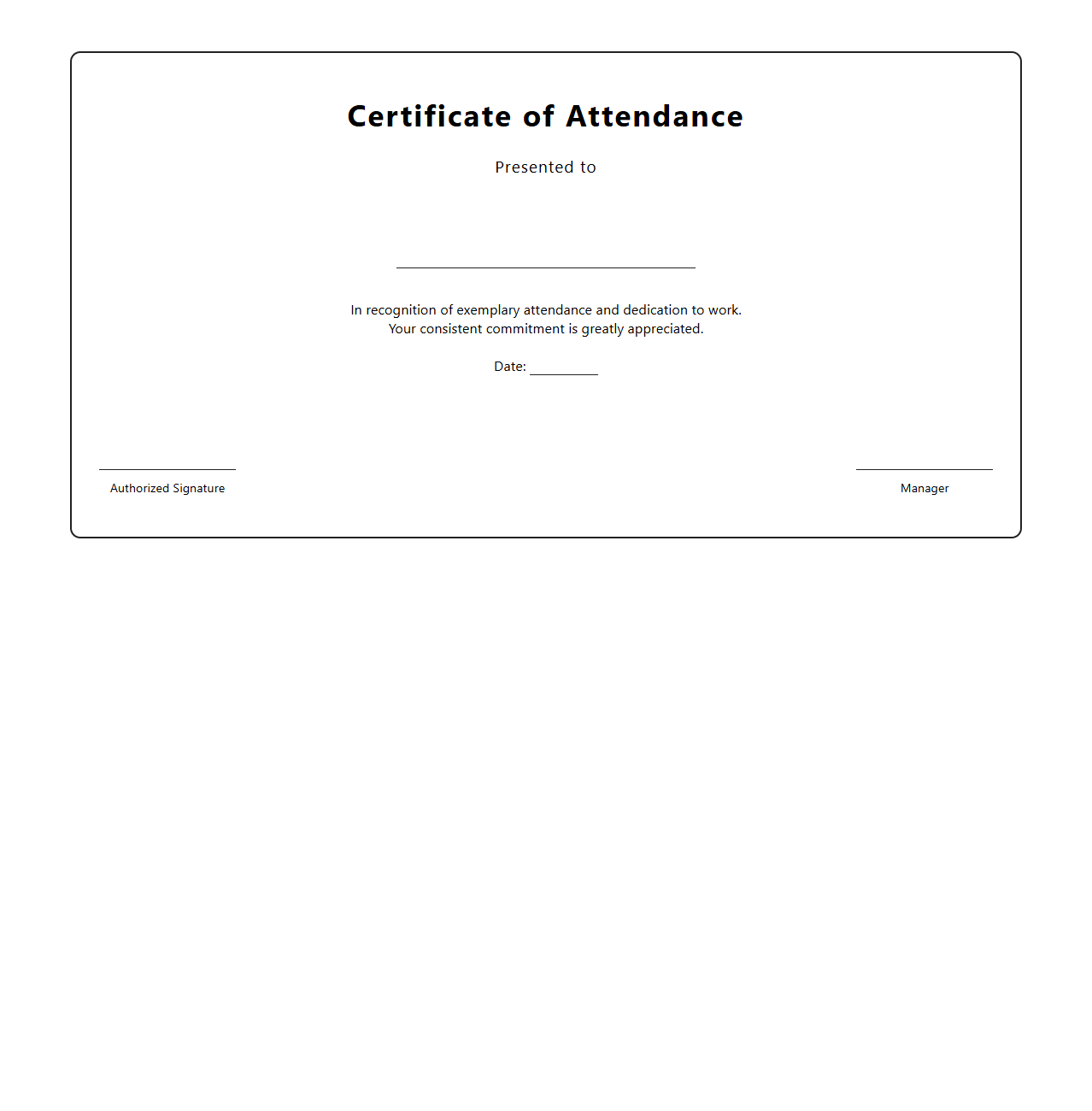 Blank Certificate Template for Employee Attendance Recognition