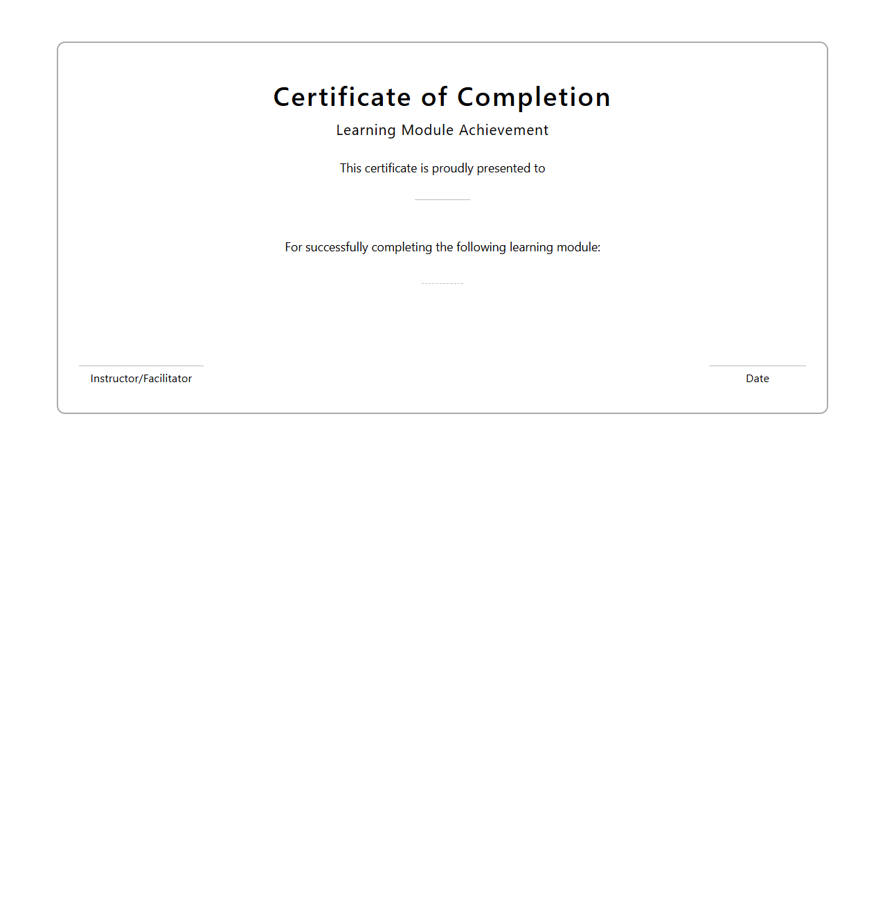 Blank Certificate Template for Learning Module Completion