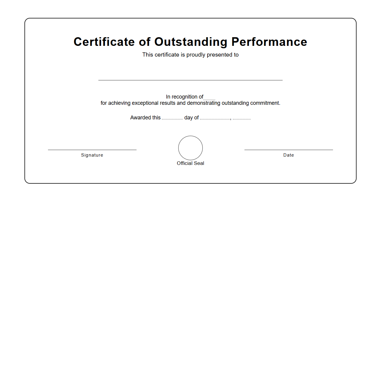 Blank Certificate Template for Outstanding Performance