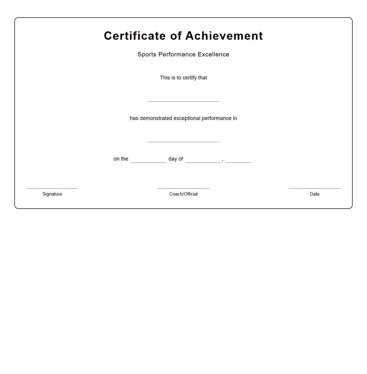 Blank Certificate Template for Sports Performance