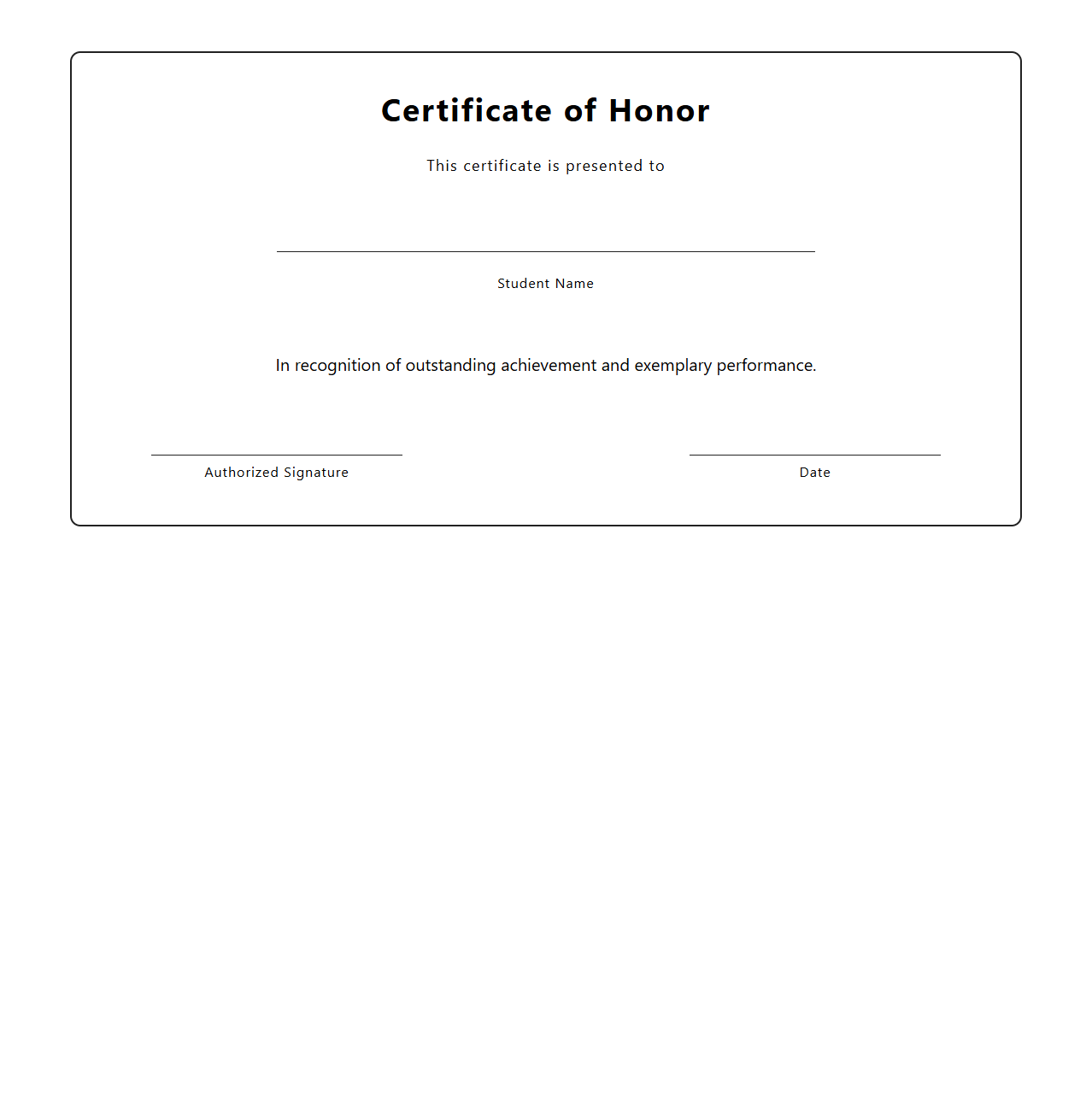 Blank Certificate Template for Student Honor