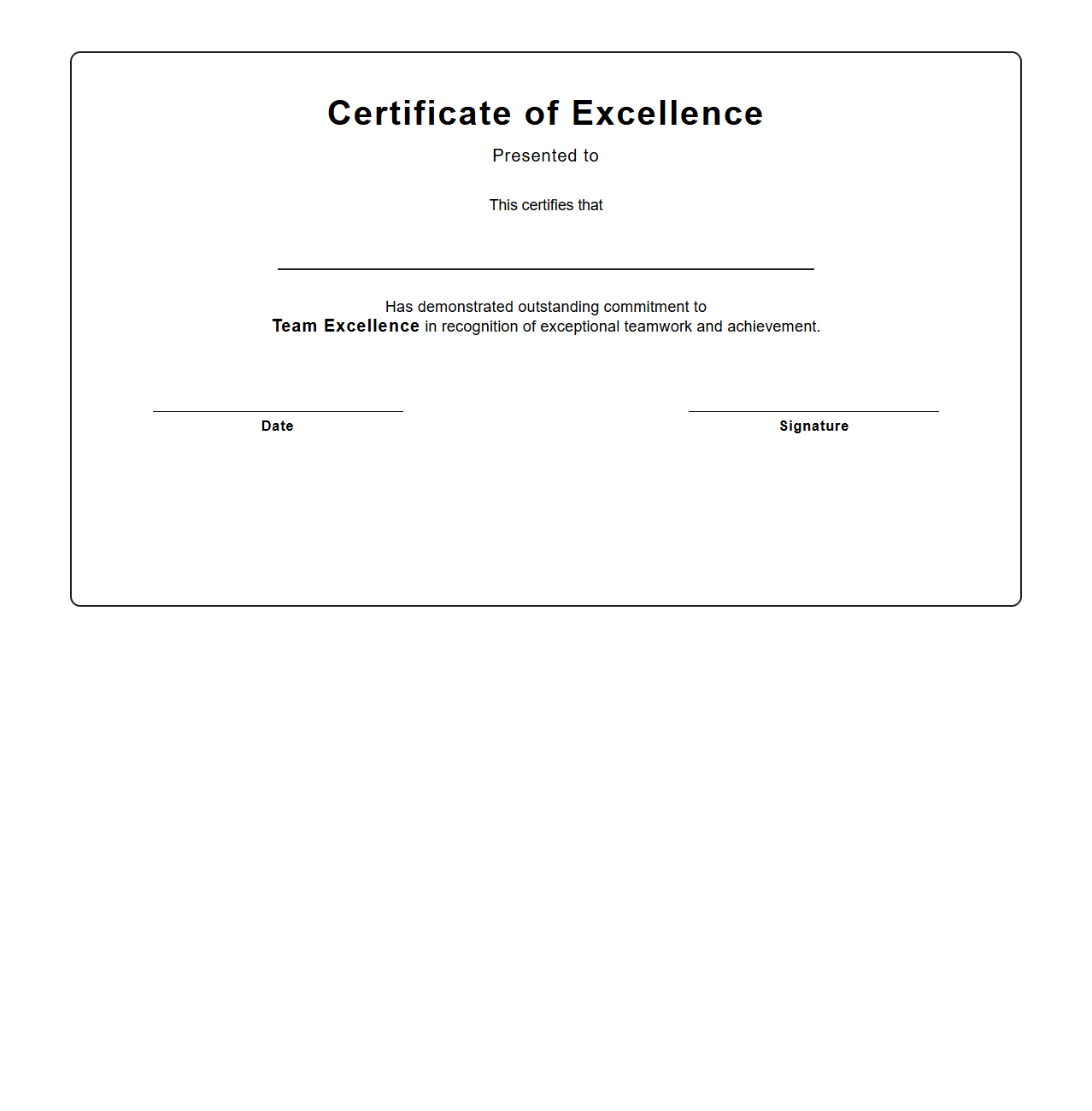 Blank Certificate Template for Team Excellence