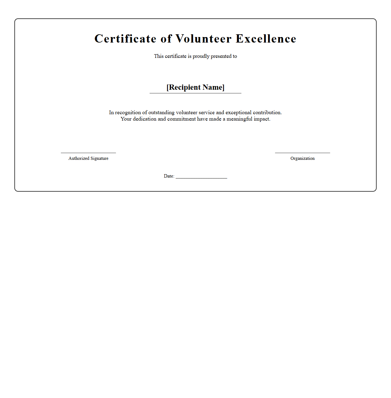 Blank Certificate Template for Volunteer Excellence
