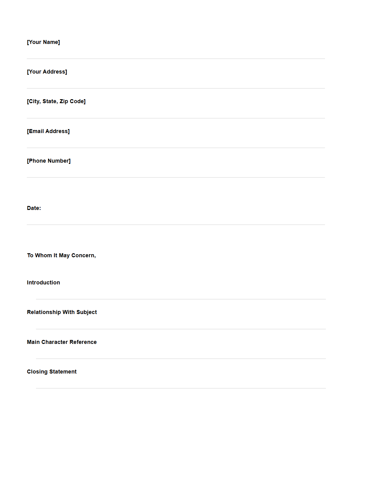 Blank Character Reference Letter Outline