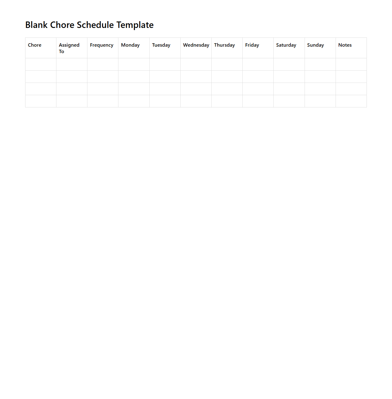 Blank Chore Schedule Template for Home Tasks