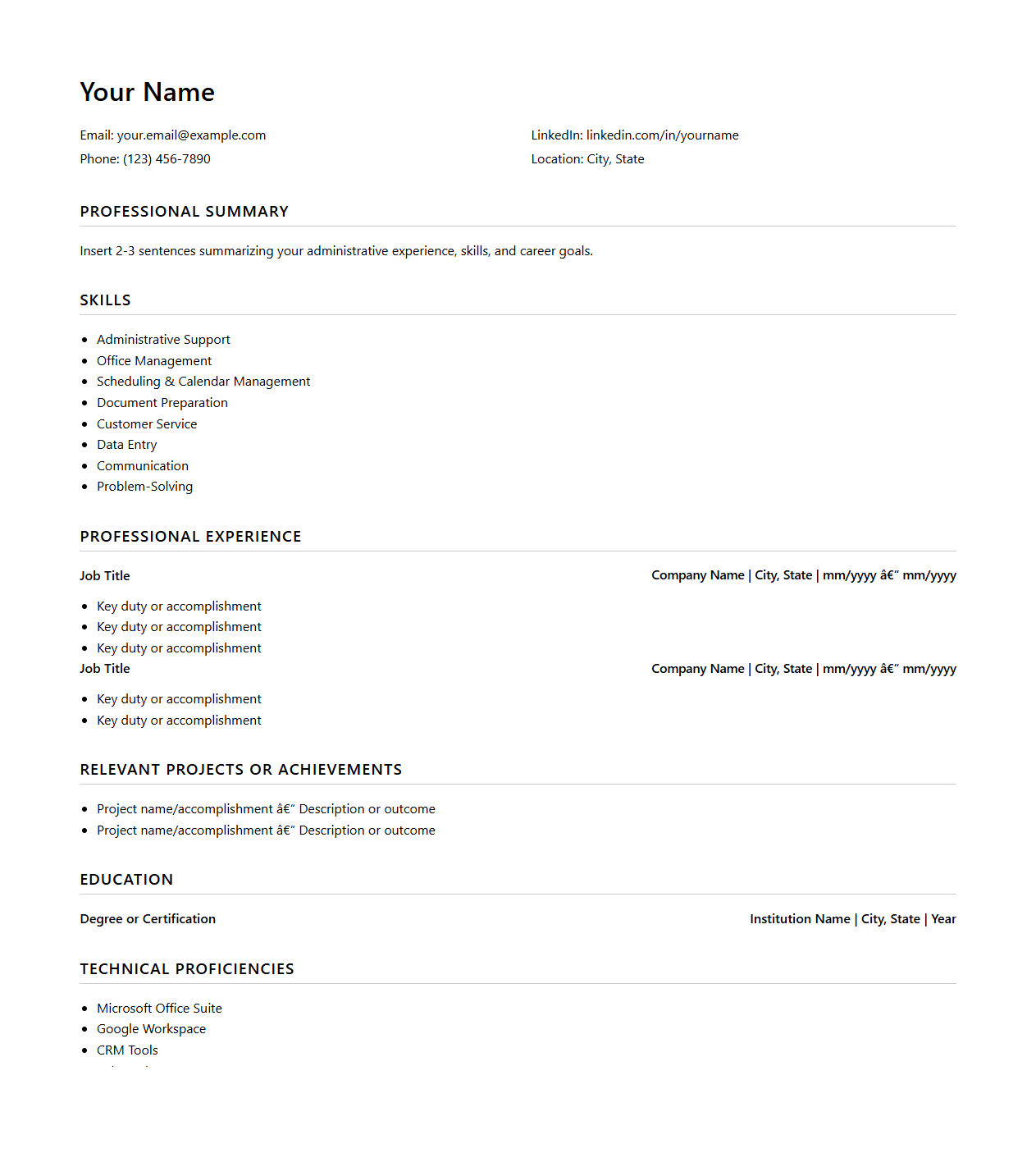Blank Chronological-Combination Resume Template for Administrative Roles