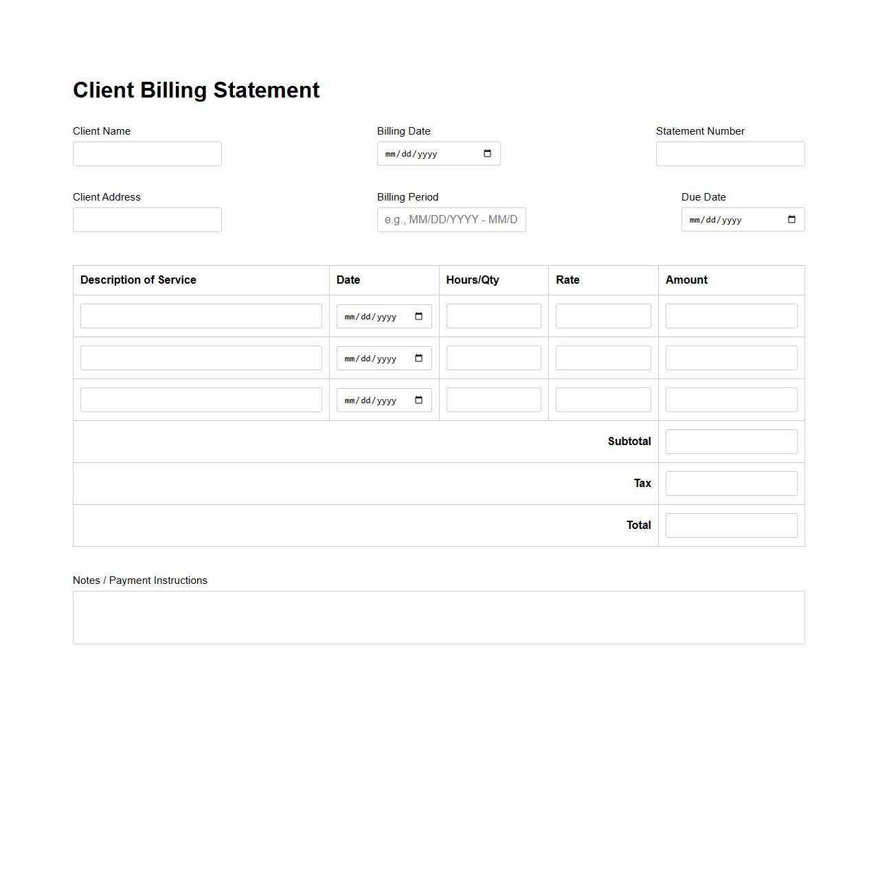 Blank Client Billing Statement Template