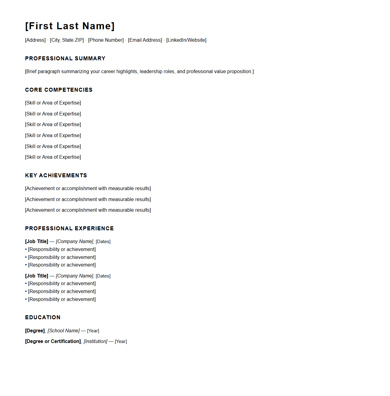 Blank Combination Resume Template for Senior Professionals