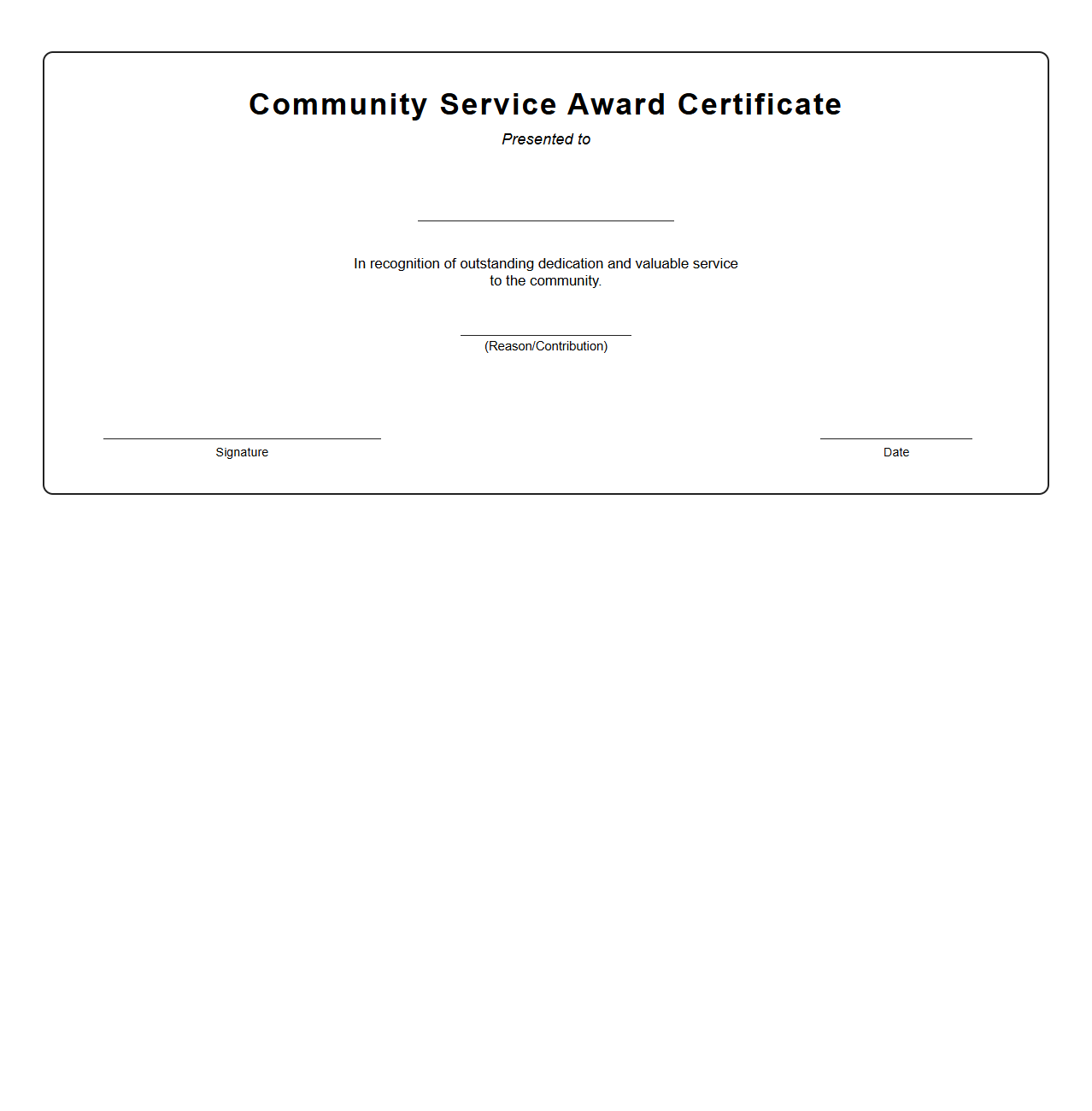 Blank Community Service Award Certificate