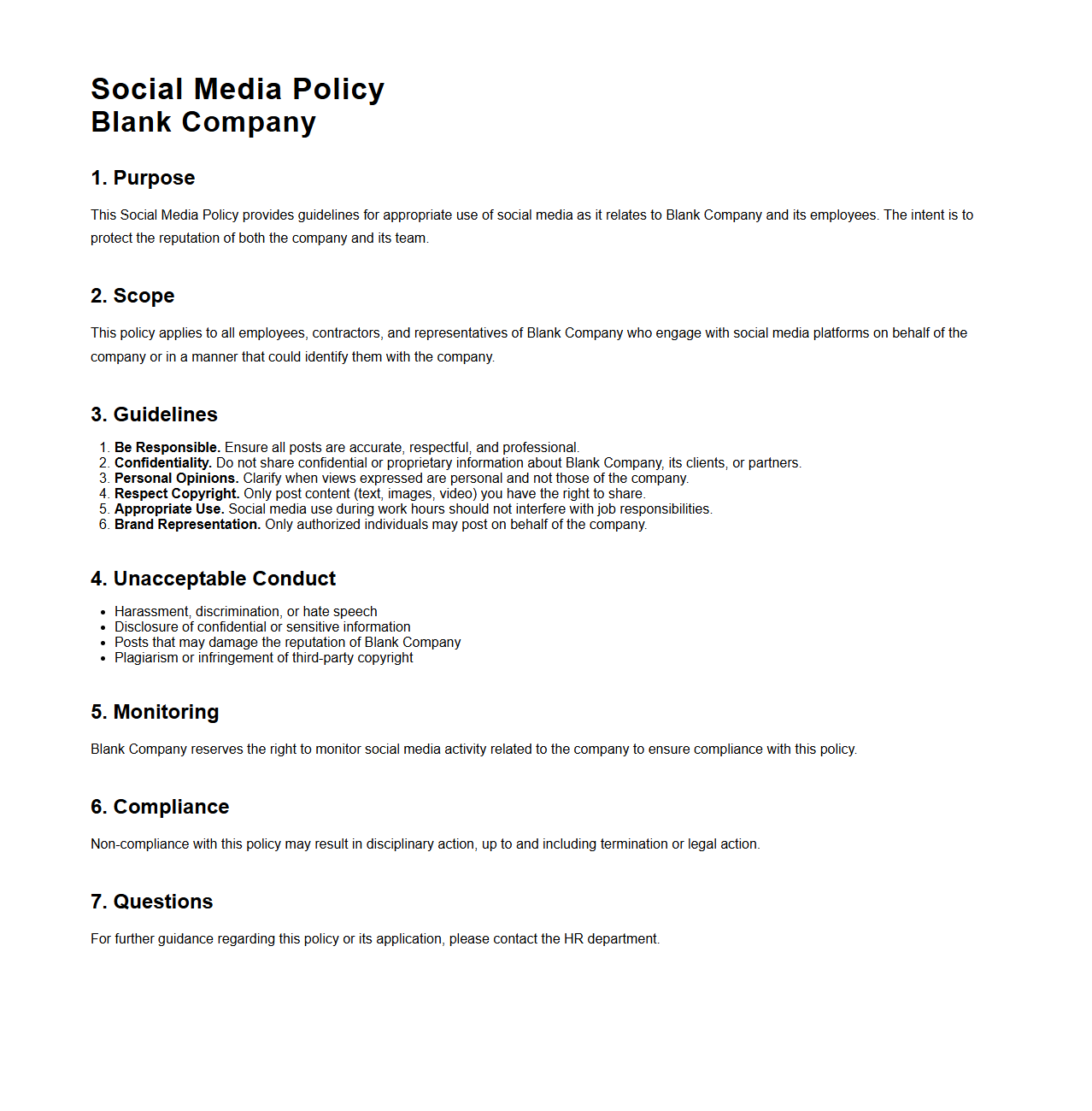 Blank Company Social Media Policy Template