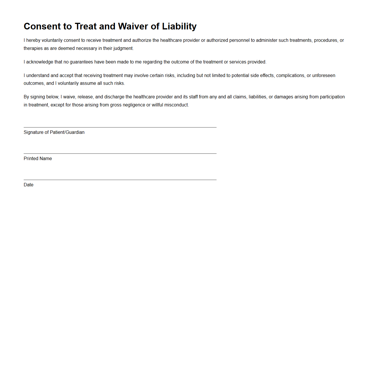 Blank Consent to Treat and Waiver of Liability