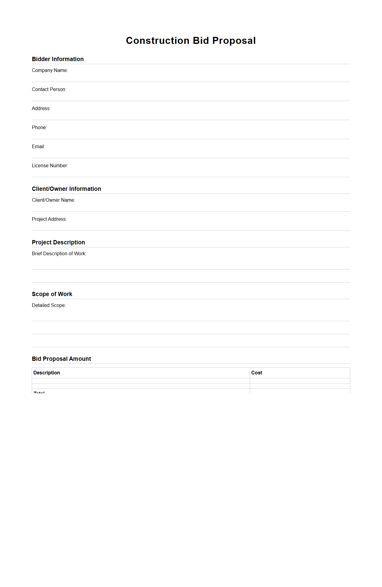 Blank Construction Bid Proposal Outline
