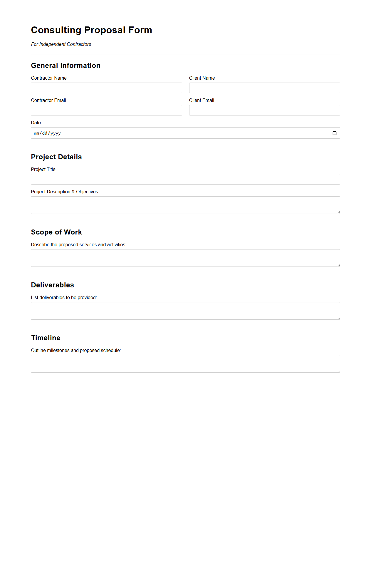 Blank Consulting Proposal Form for Independent Contractors