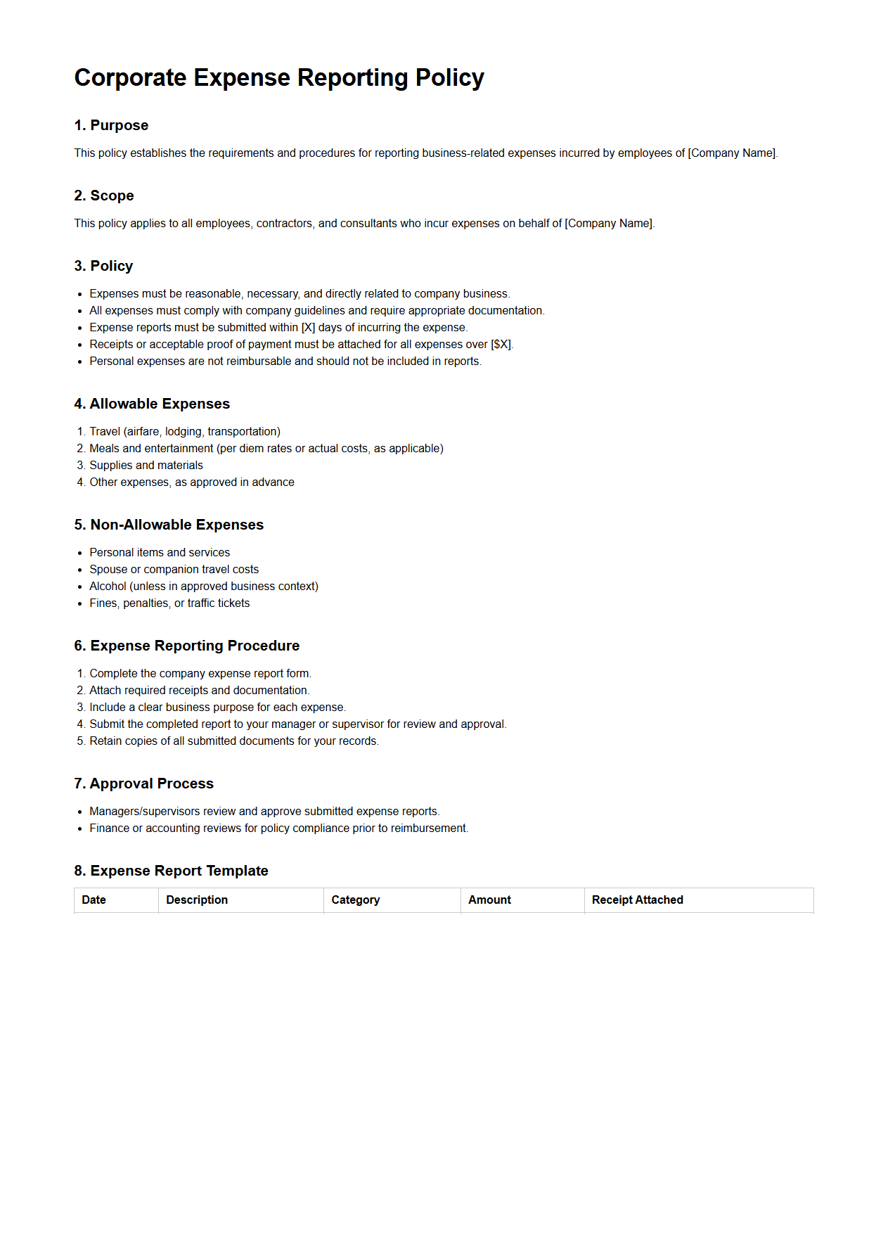 Blank Corporate Expense Reporting Policy Template
