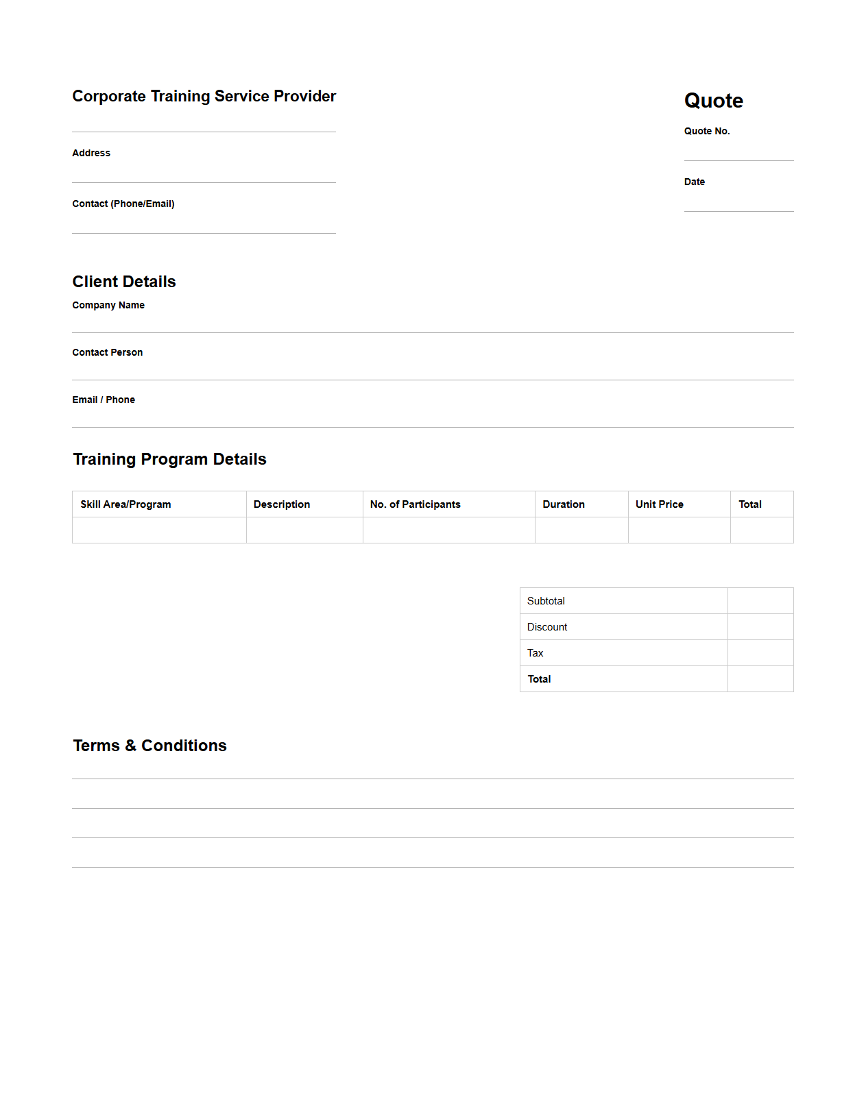 Blank Corporate Skills Training Quote Document