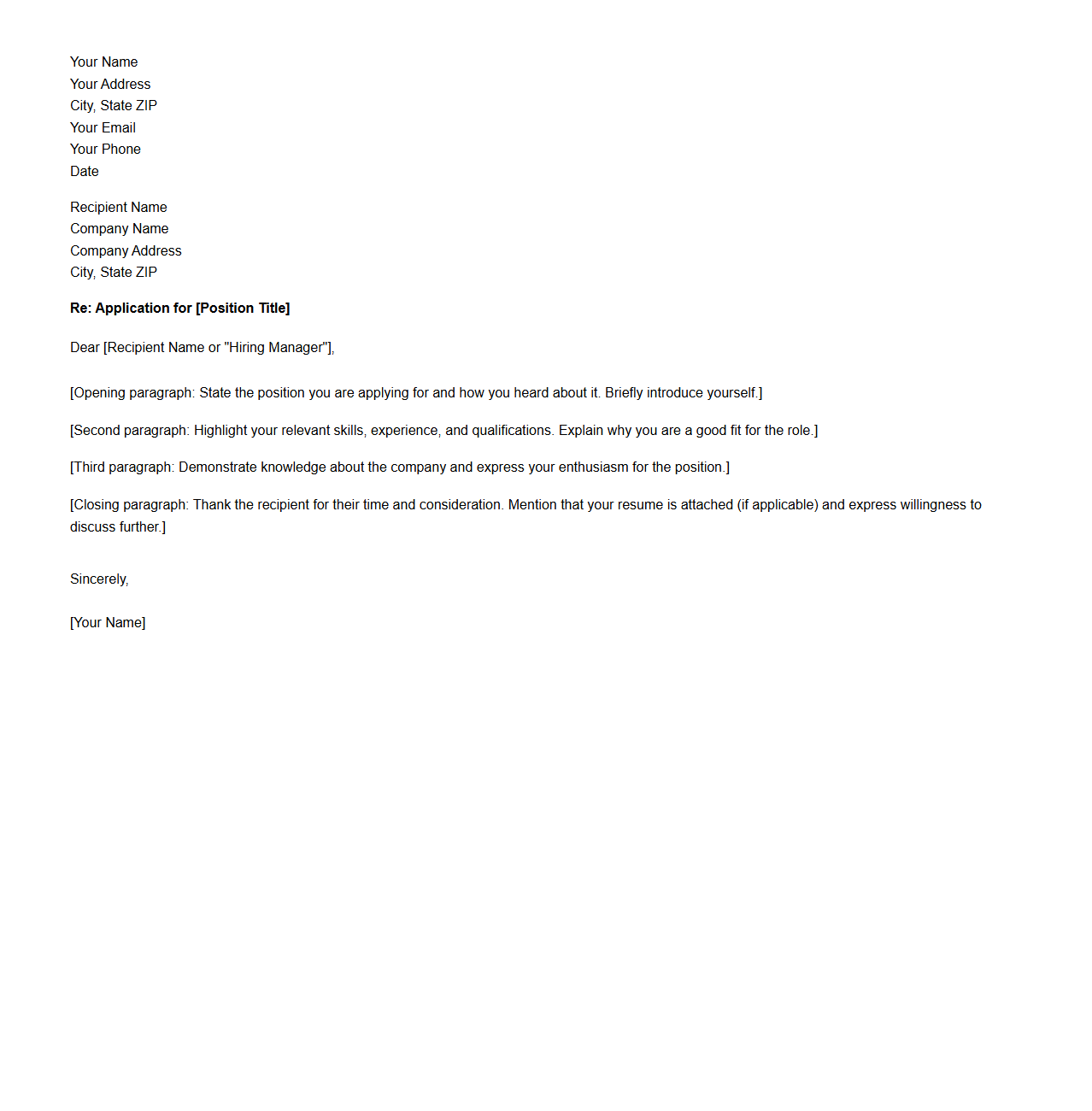 Blank Cover Letter Structure for Business Positions